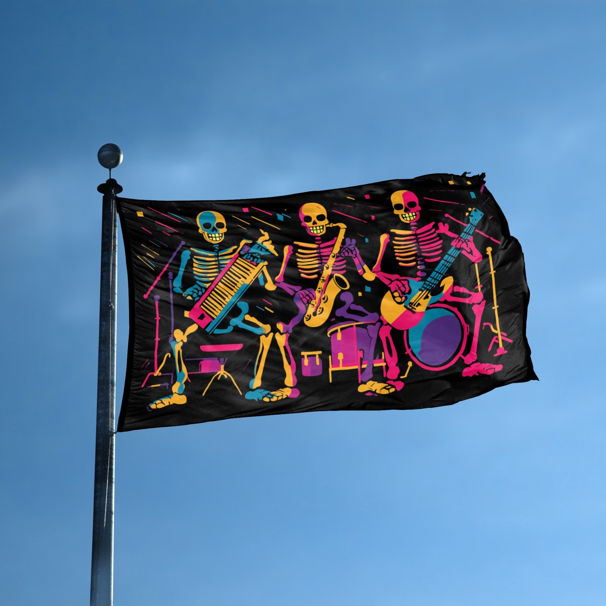 Neon Skeletons Jam Band flag displayed outdoors – weatherproof house banner on pole | Bannerfi