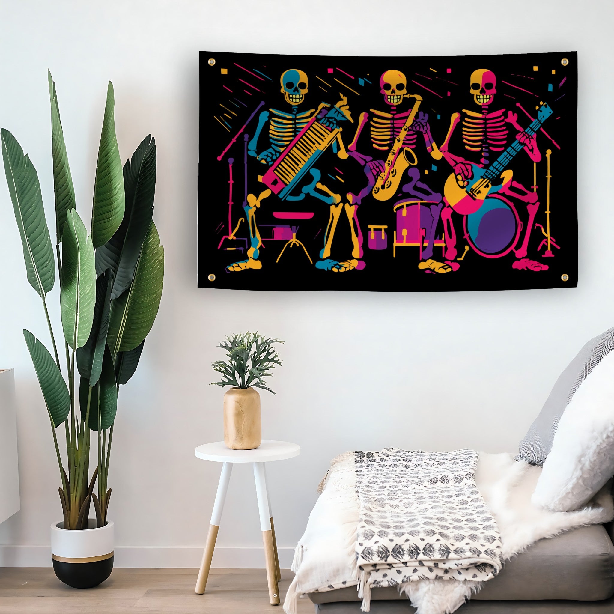 Neon Skeletons Jam Band flag as indoor wall art – versatile home décor | Bannerfi