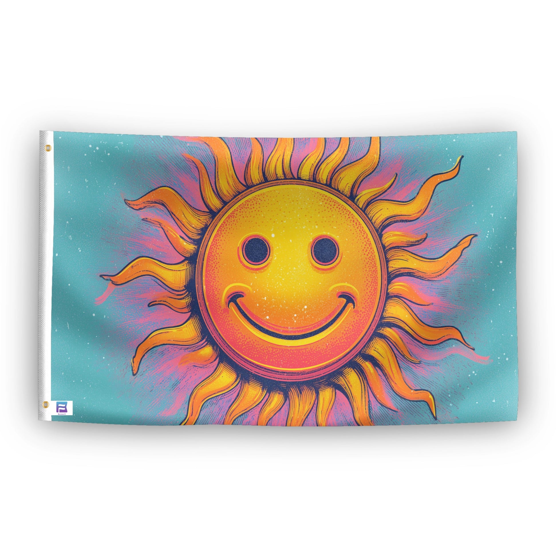 Neon Smiley Sun Rave flag – weatherproof polyester with brass grommets and canvas header | Bannerfi