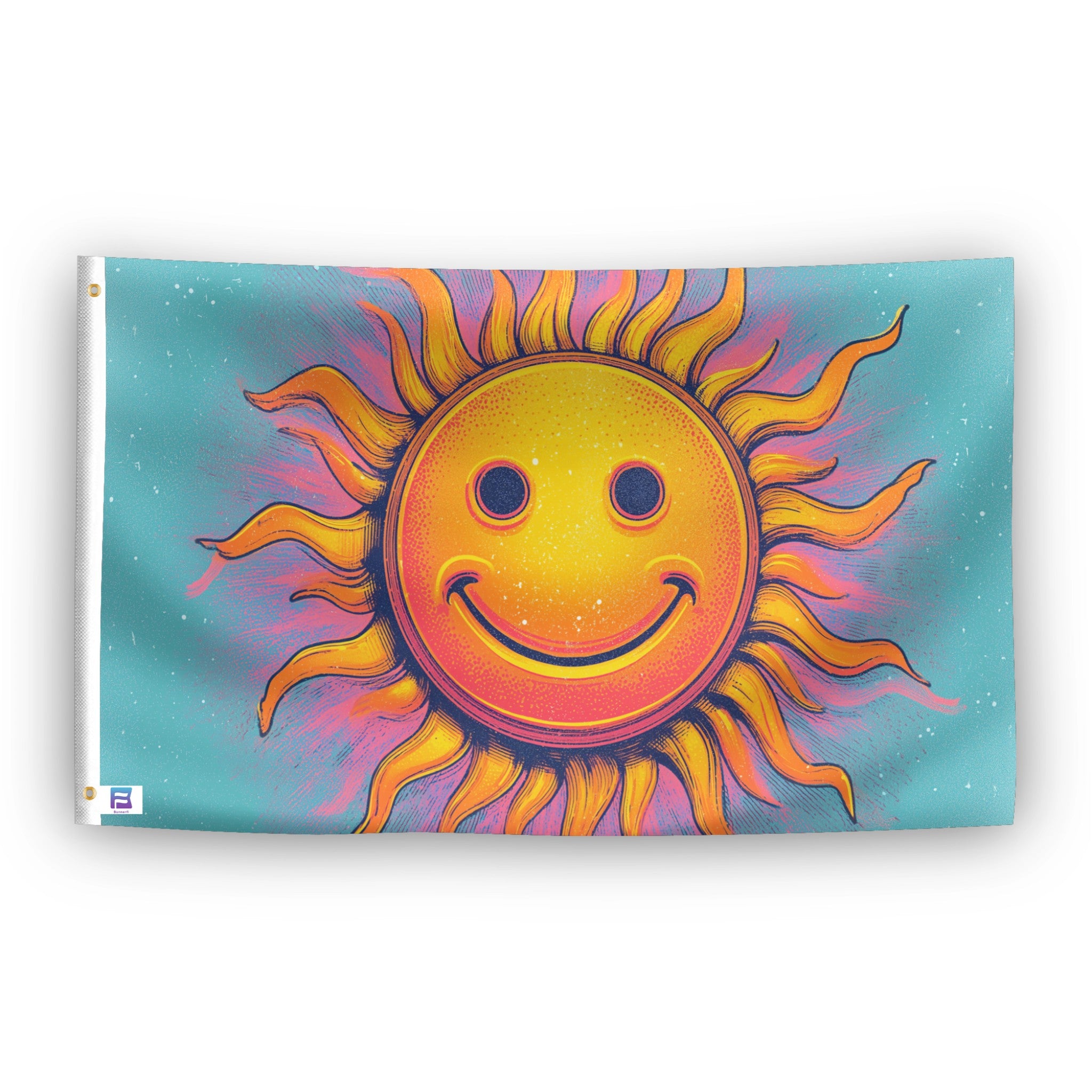 Neon Smiley Sun Rave flag – weatherproof polyester with brass grommets and canvas header | Bannerfi