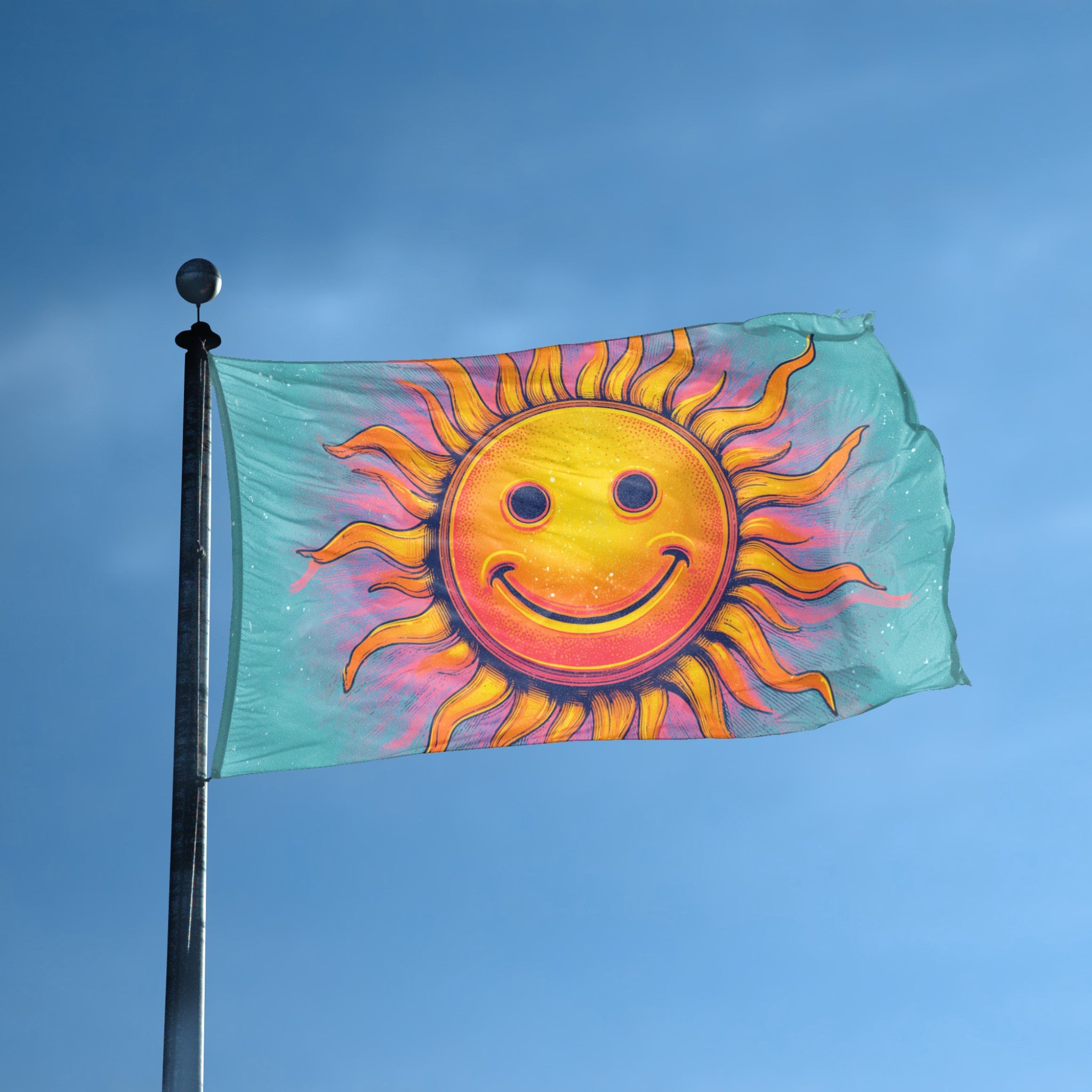 Neon Smiley Sun Rave flag displayed outdoors – weatherproof house banner on pole | Bannerfi