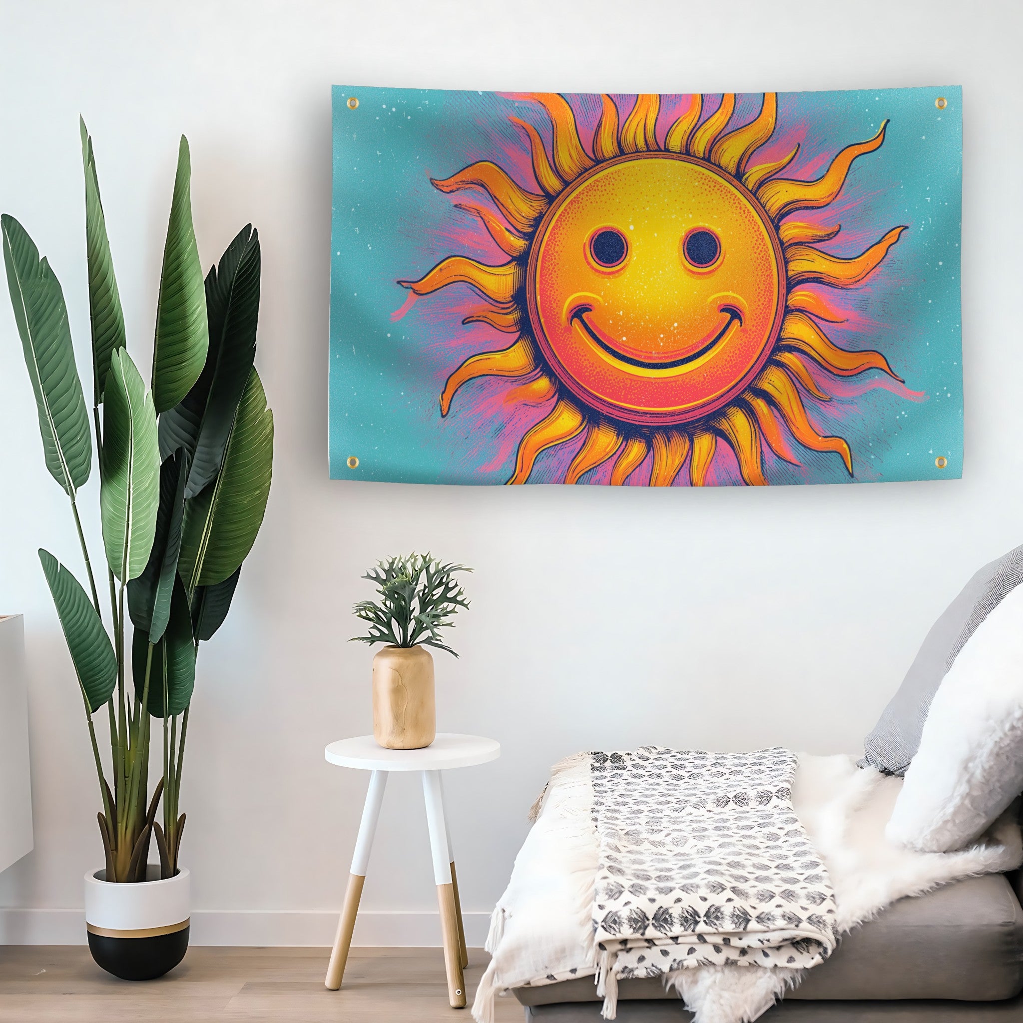 Neon Smiley Sun Rave flag as indoor wall art – versatile home décor | Bannerfi