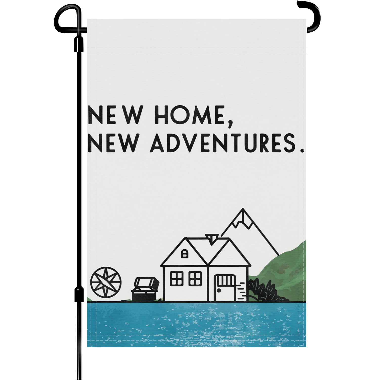 New Home New Adventures garden flag made of weatherproof polyester mounted on a garden flagpole | Bannerfi