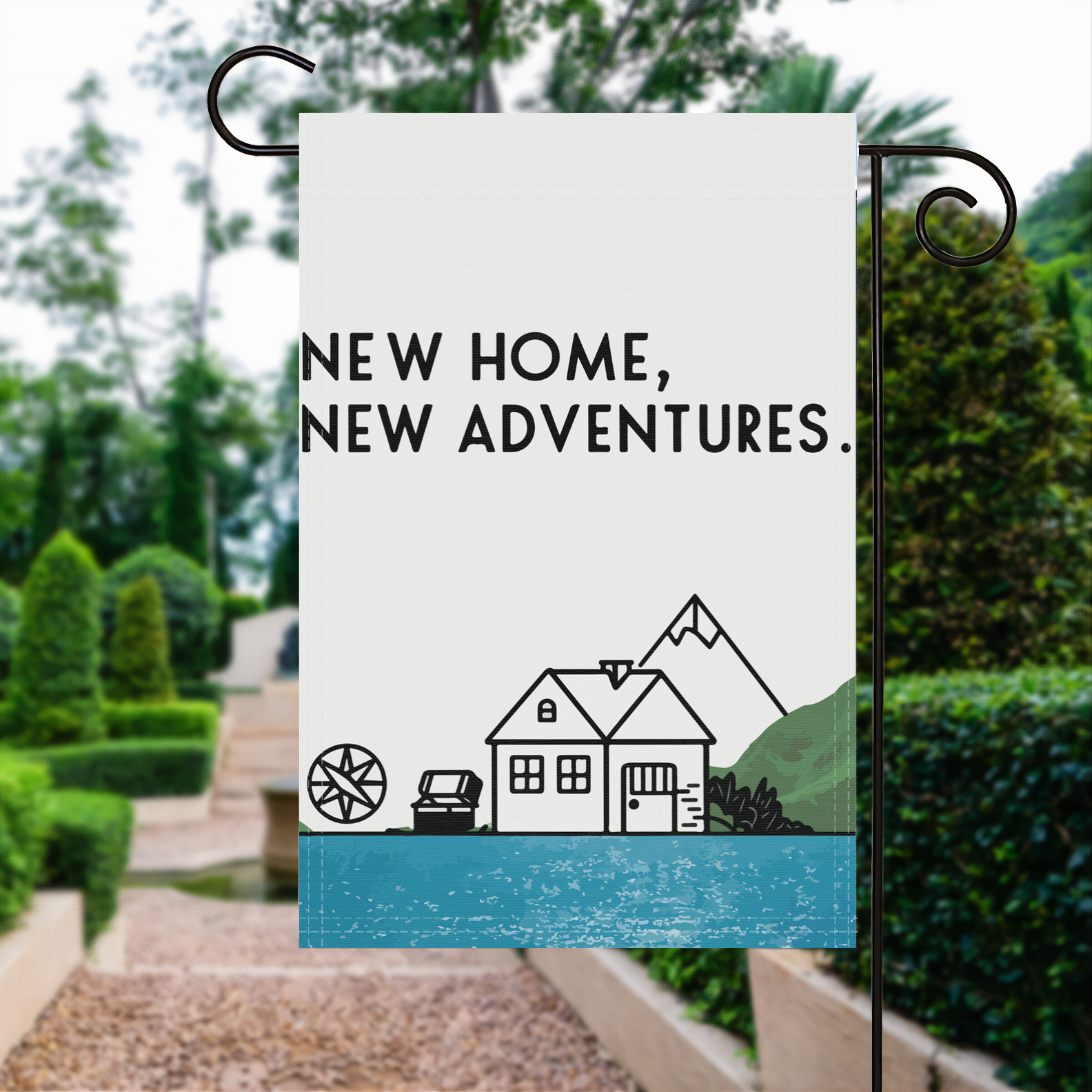 New Home New Adventures garden flag made of weatherproof polyester displayed in a garden | Bannerfi