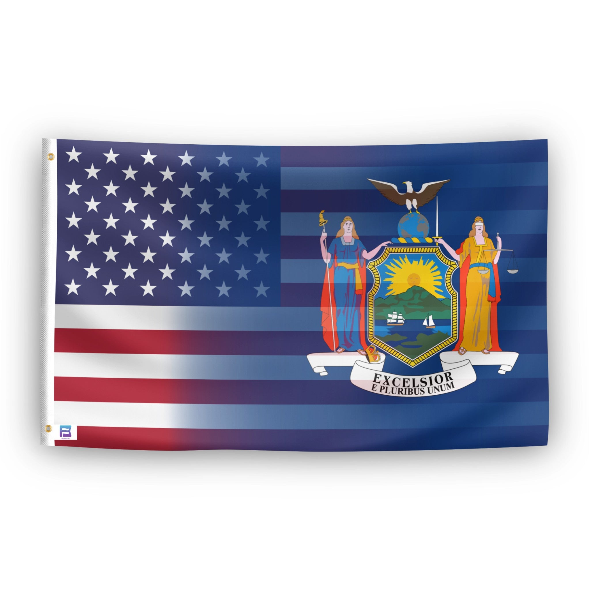 The American flag and the flag of New York blended together.