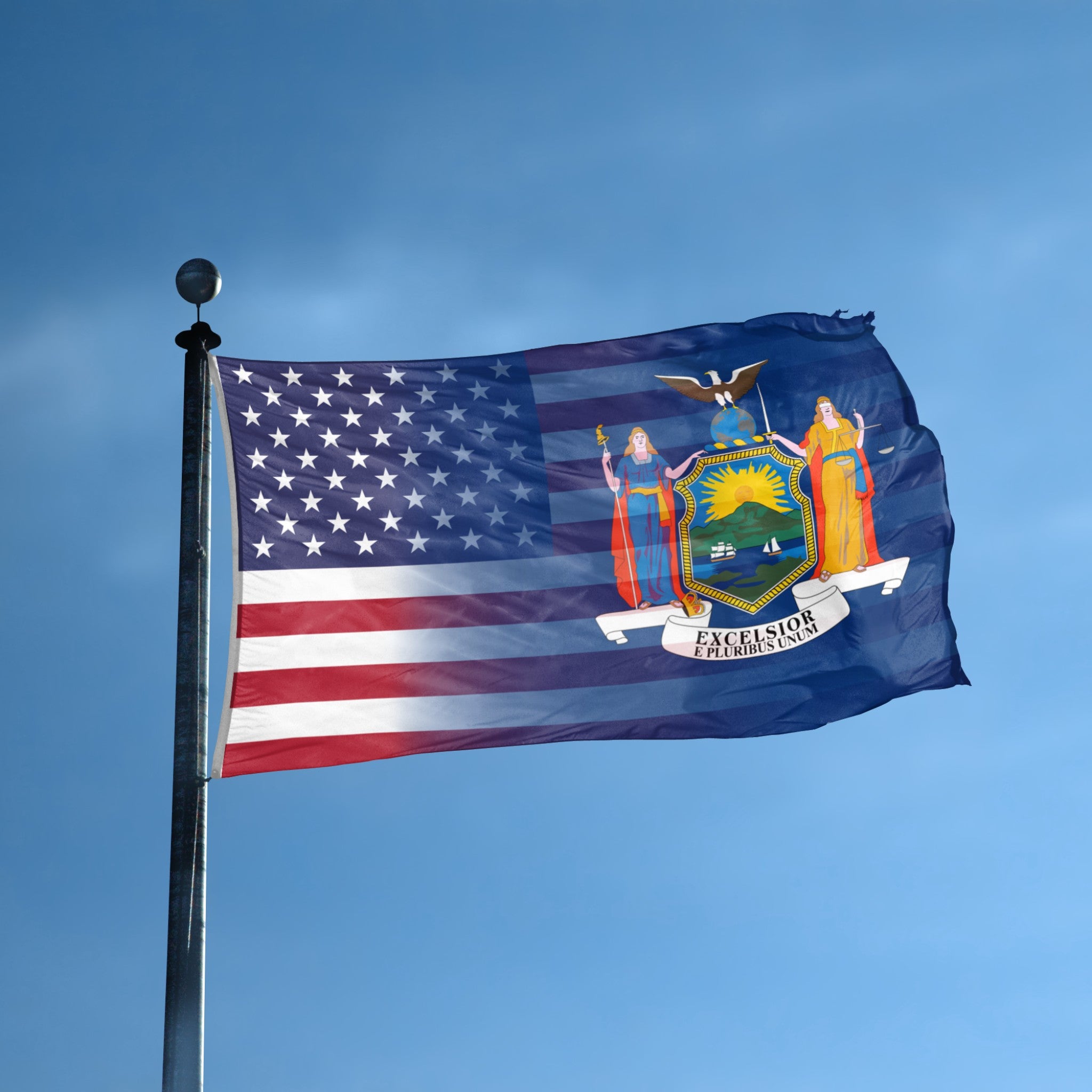 Flag of New York State with American flag blended together on a flagpole against a blue sky.