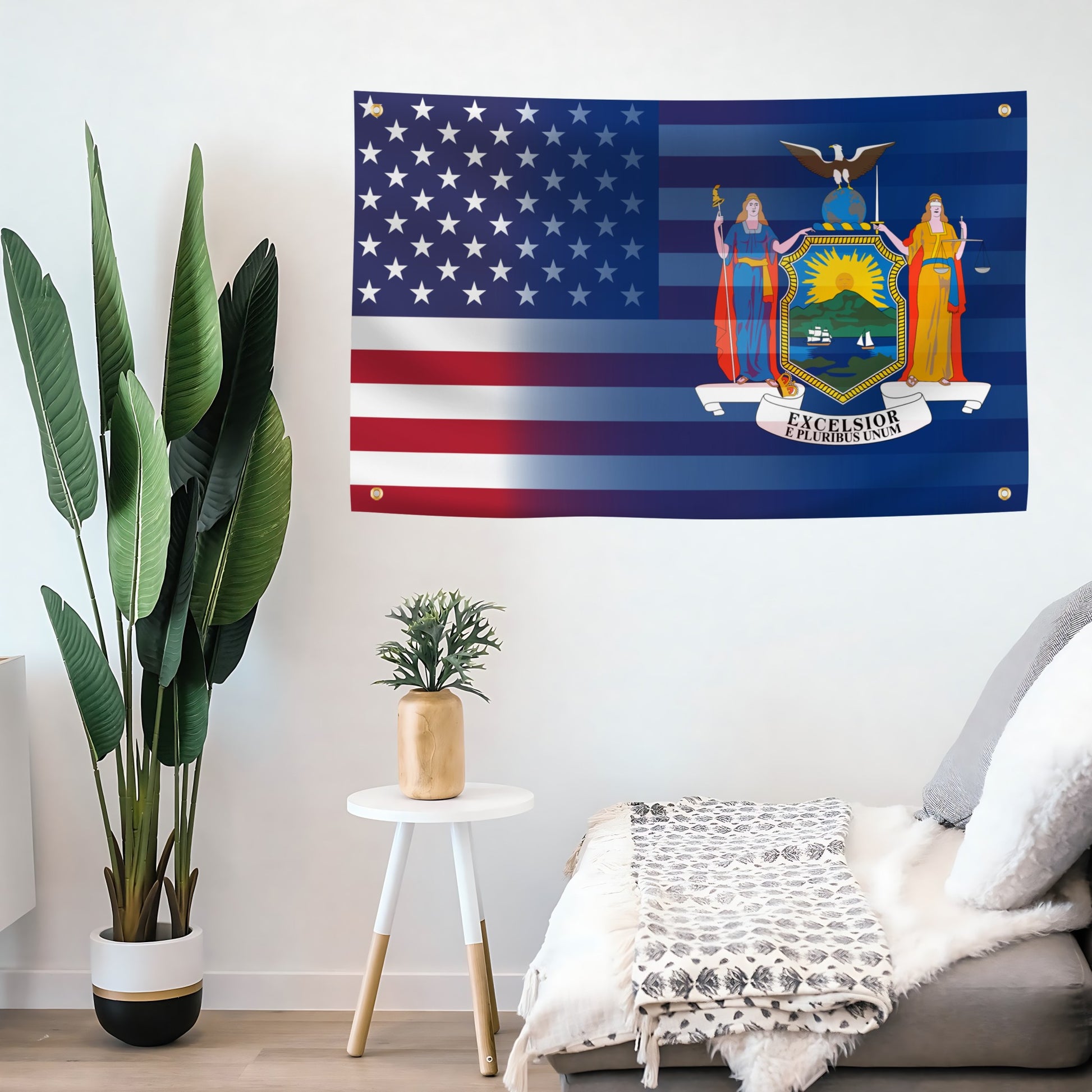 American flag banner with a NY State coat of arms blended together on a wall in a room 