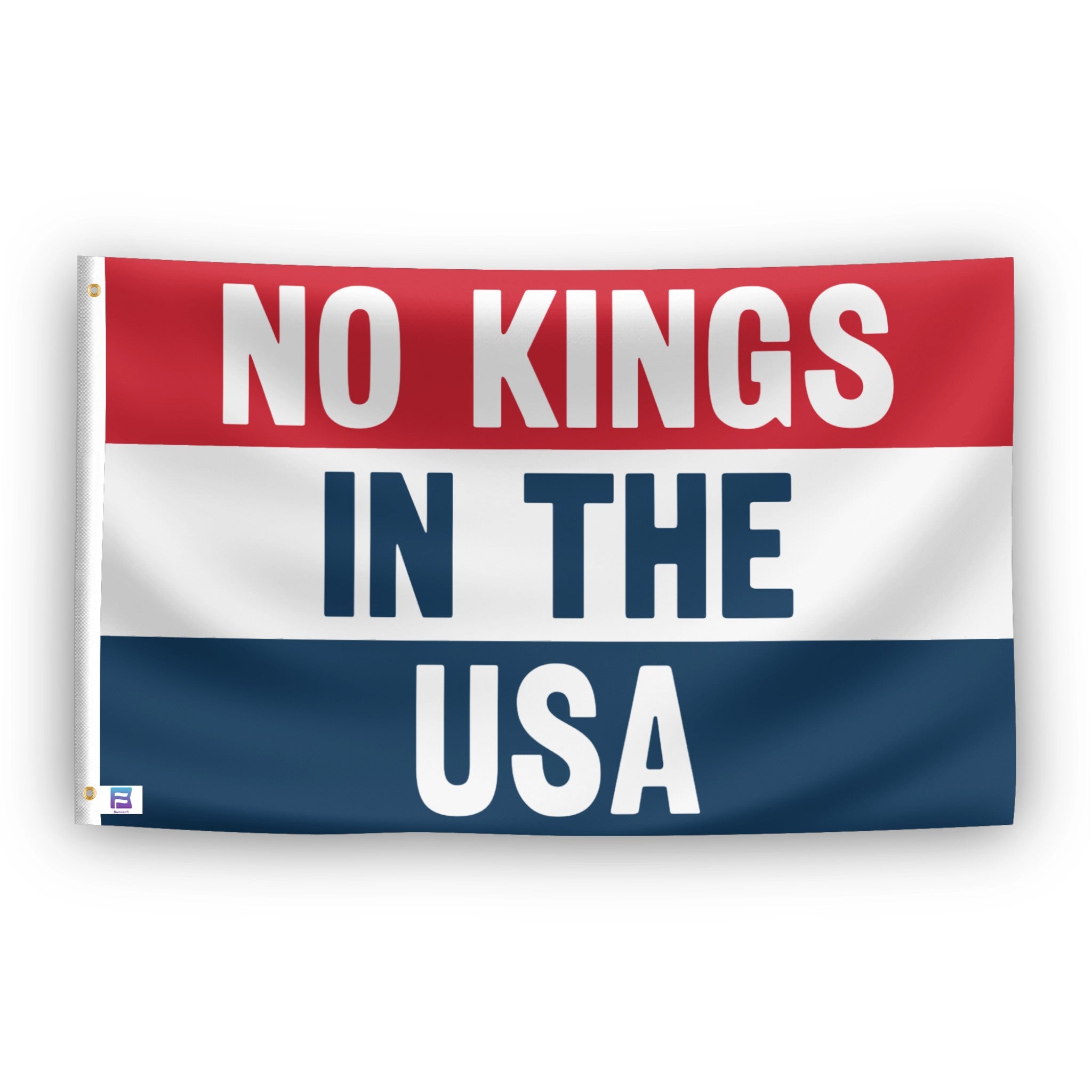No Kings In The USA flag – weatherproof polyester with brass grommets and canvas header | Bannerfi