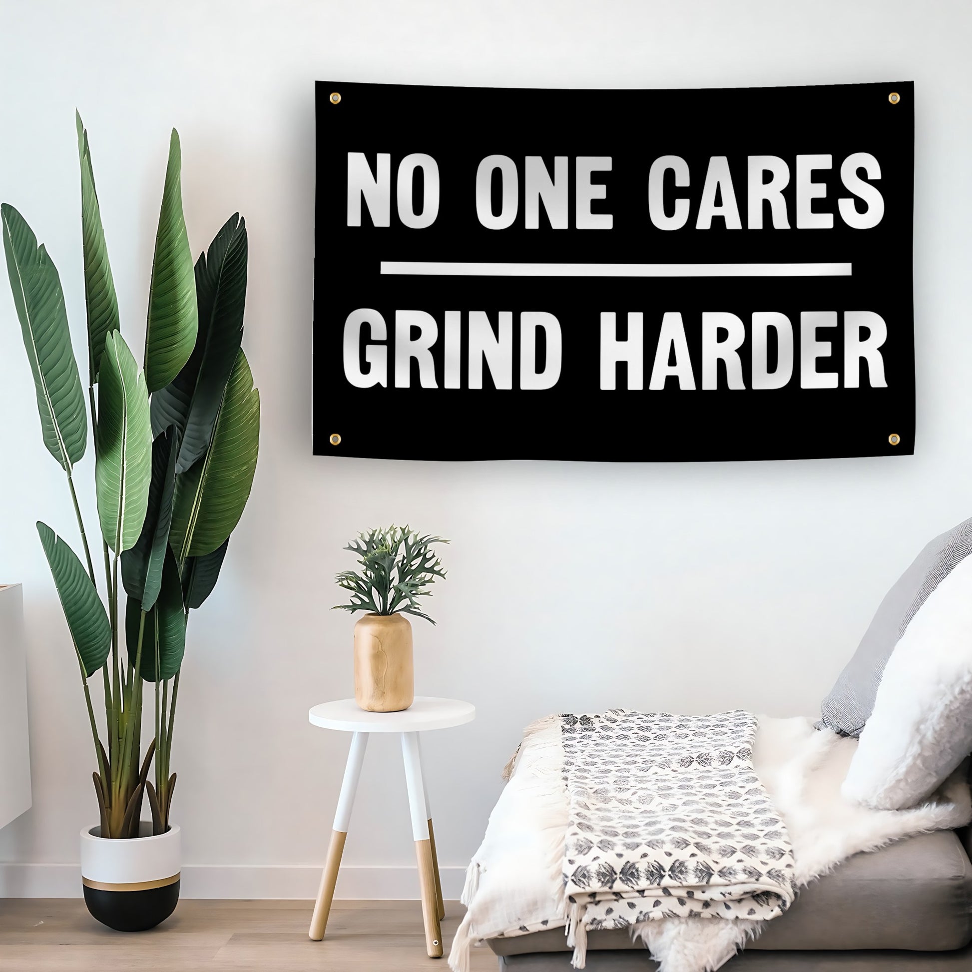 No One Cares Grind Harder flag as indoor wall art – versatile home décor | Bannerfi