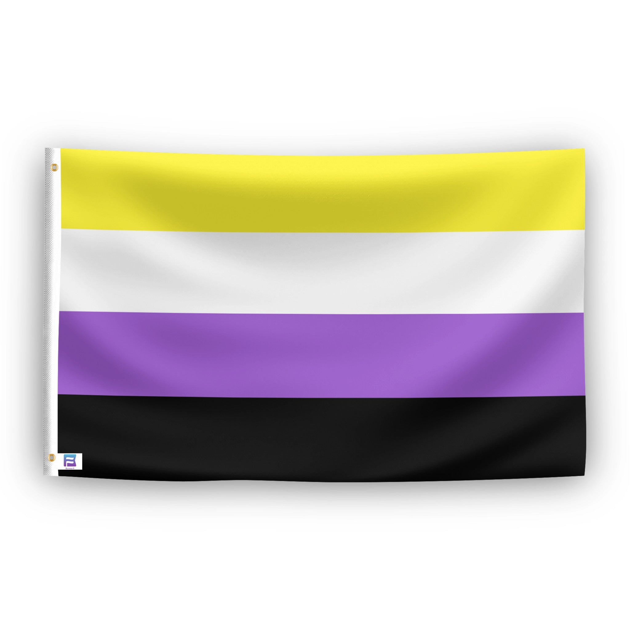 Nonbinary Gender Flag with horizontal stripes in yellow, white, purple, and black with grommets.
