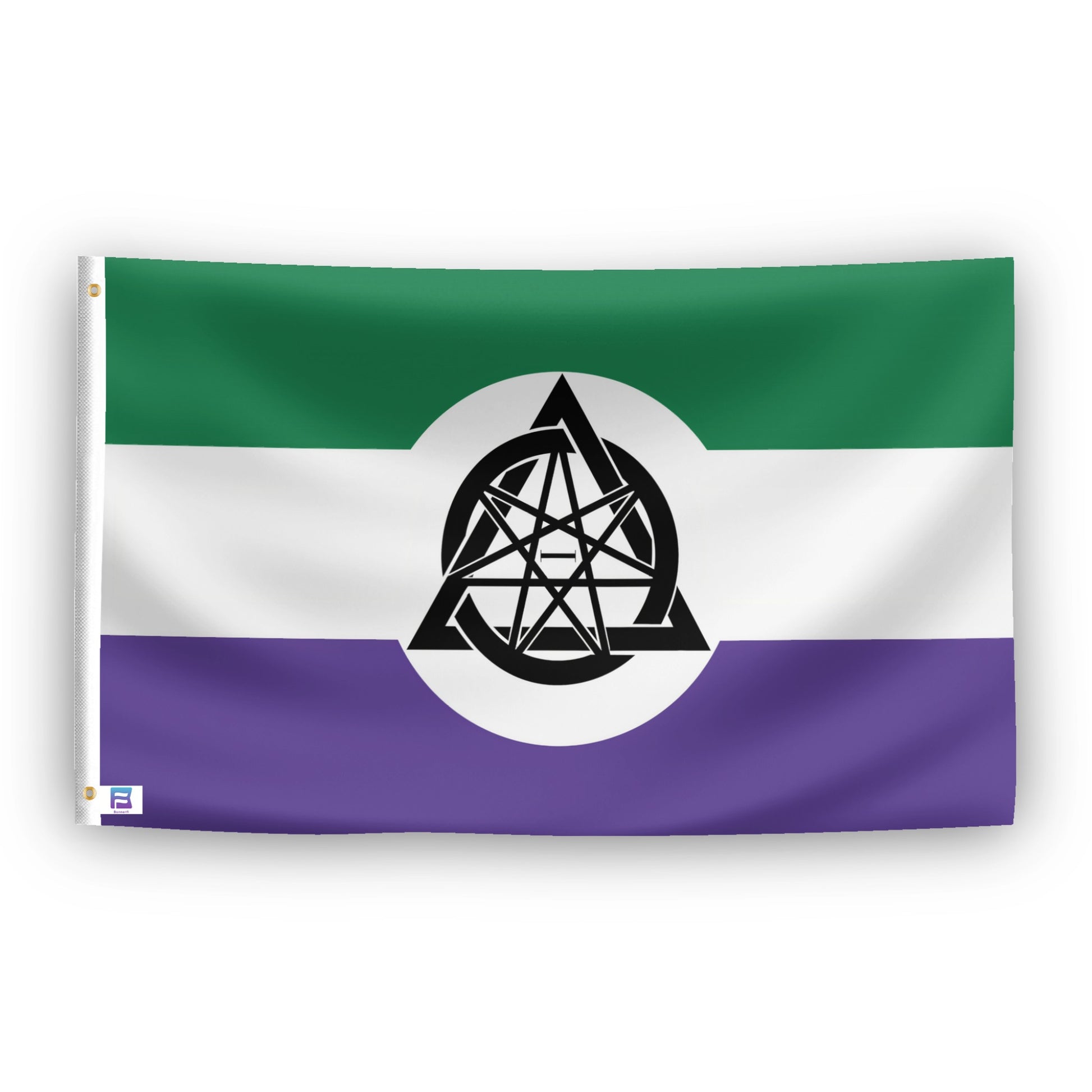 A flag with the theme "Nonhuman Unity Symbol", displayed with two brass grommets reinforced with a white canvas header.