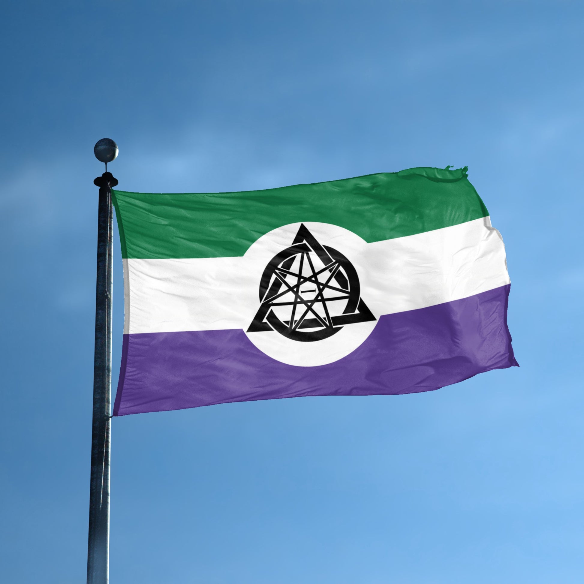 A flag with the theme "Nonhuman Unity Symbol" displayed on a tall flag pole and blue skies.