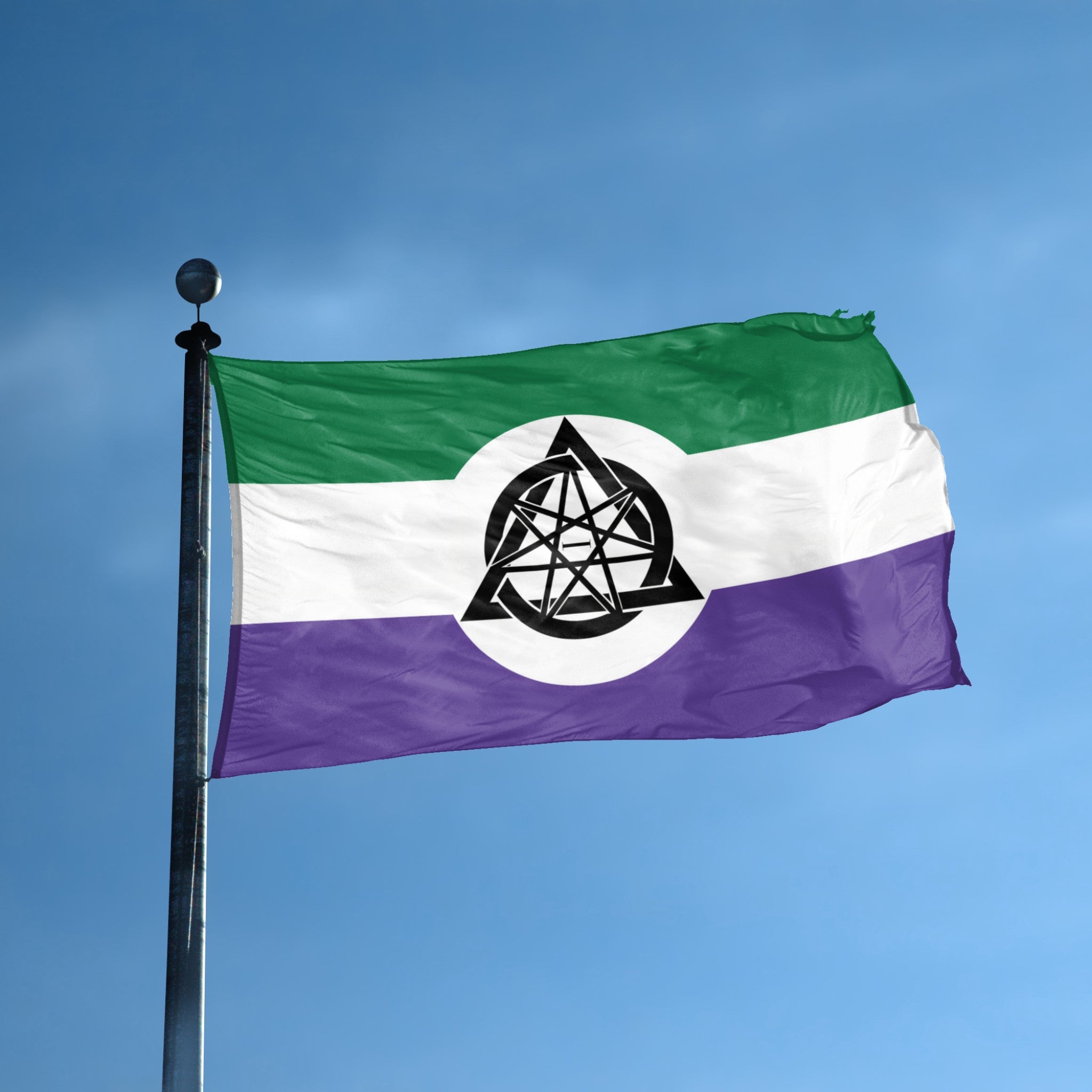 A flag with the theme "Nonhuman Unity Symbol" displayed on a tall flag pole and blue skies.