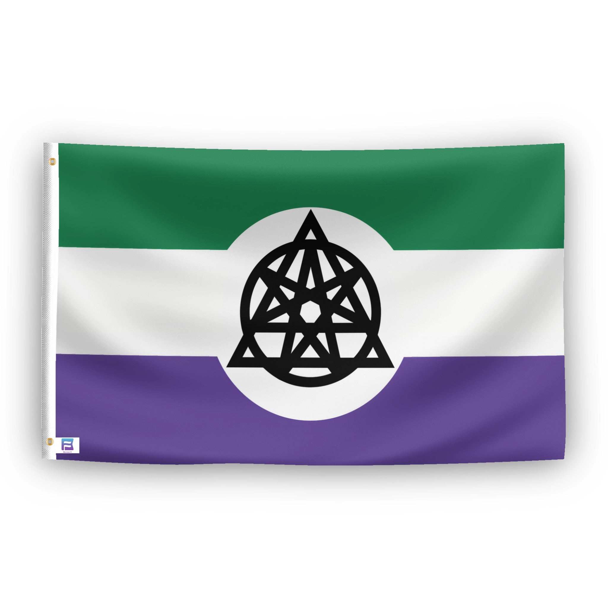 A flag with the theme "Nonhuman Unity Therian", displayed with two brass grommets reinforced with a white canvas header.