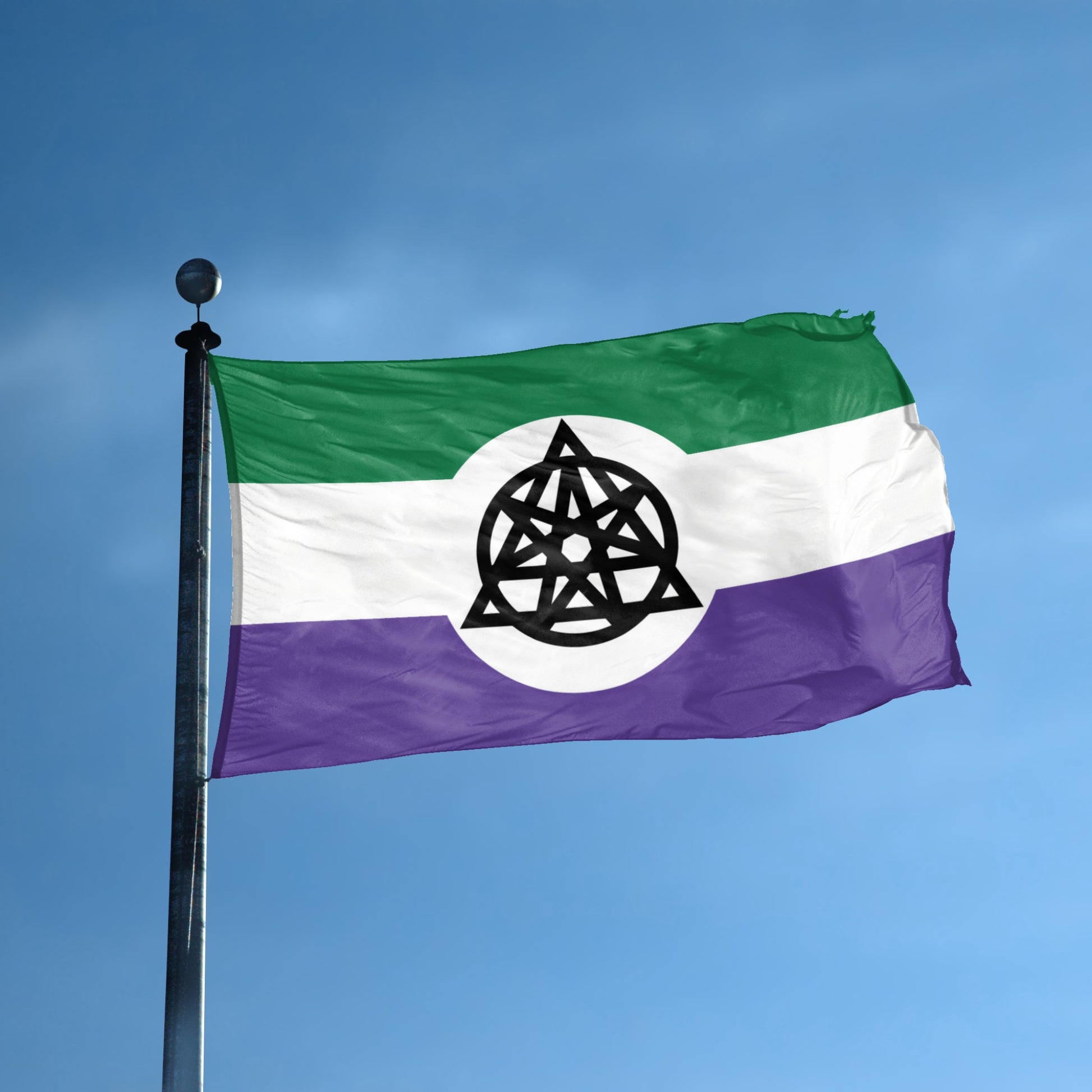 A flag with the theme "Nonhuman Unity Therian" displayed on a tall flag pole and blue skies.