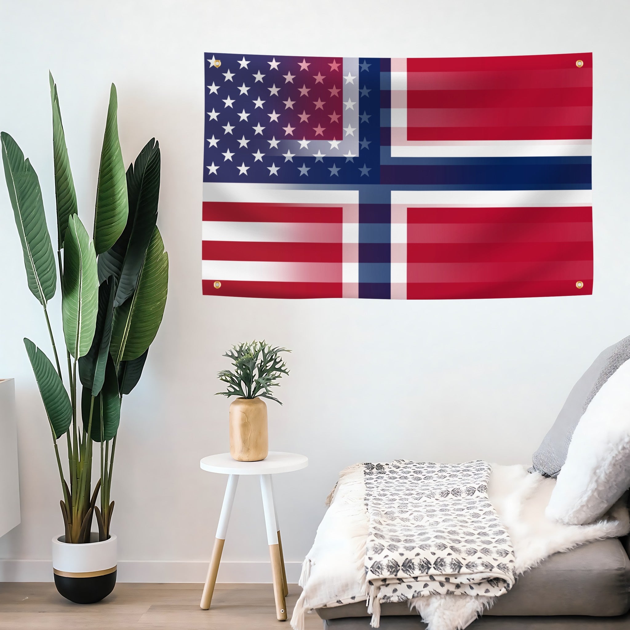 Norwegian American Hybrid Flag banner on a living room wall - Flags by Bannerfi