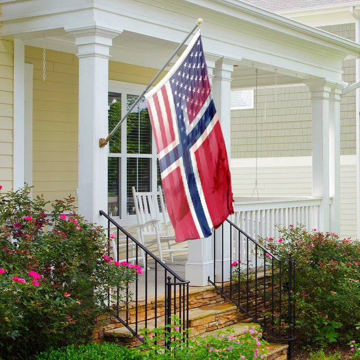 Norwegian American Hybrid Flag on a front porch - Flags by Bannerfi