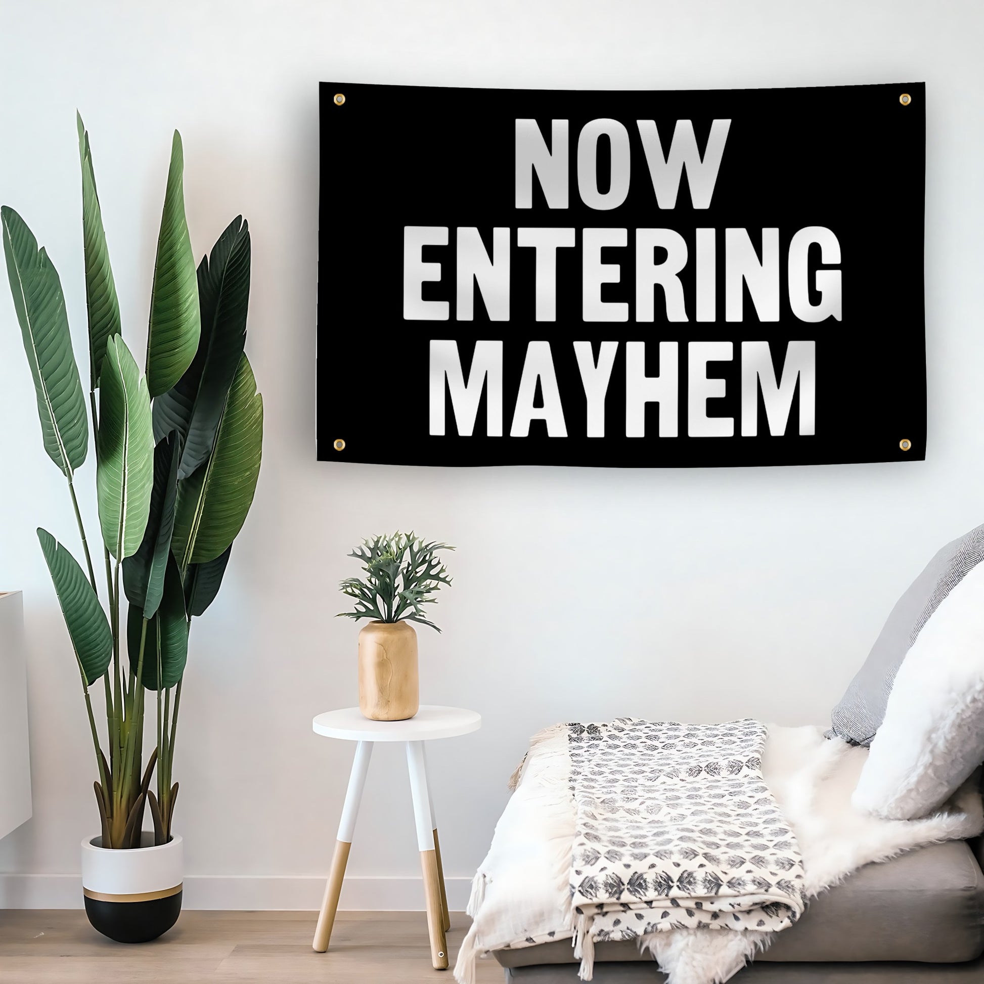 Now Entering Mayhem flag as indoor wall art – versatile home décor | Bannerfi