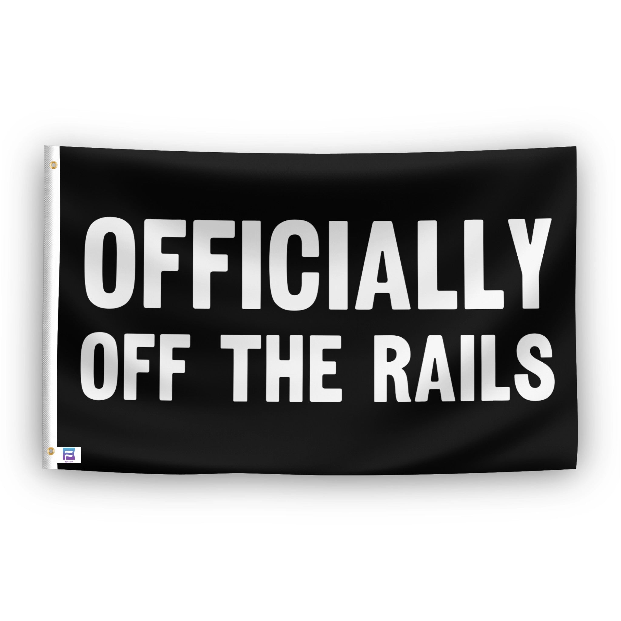 Officially Off The Rails flag – weatherproof polyester with brass grommets and canvas header | Bannerfi