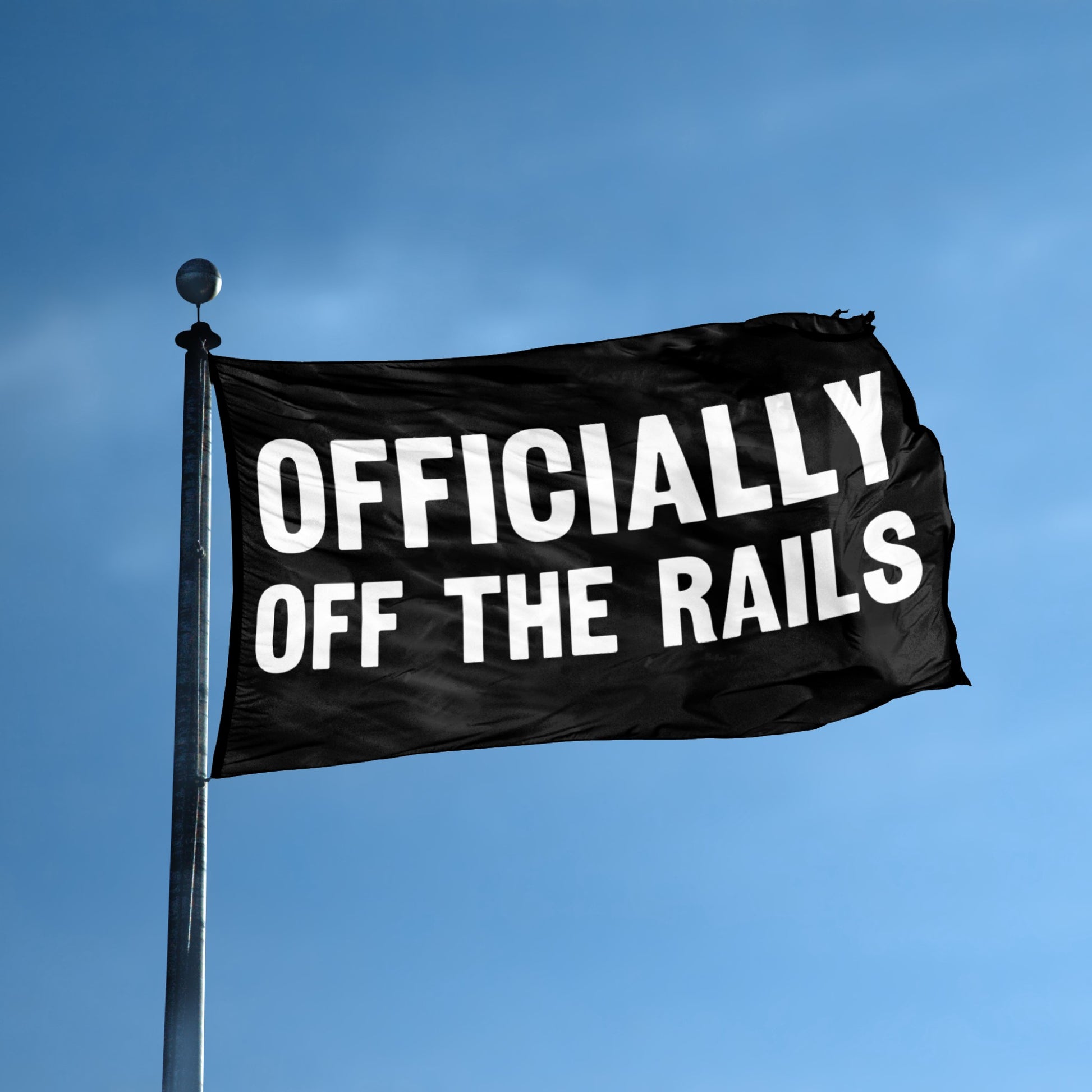 Officially Off The Rails flag displayed outdoors – weatherproof house banner on pole | Bannerfi