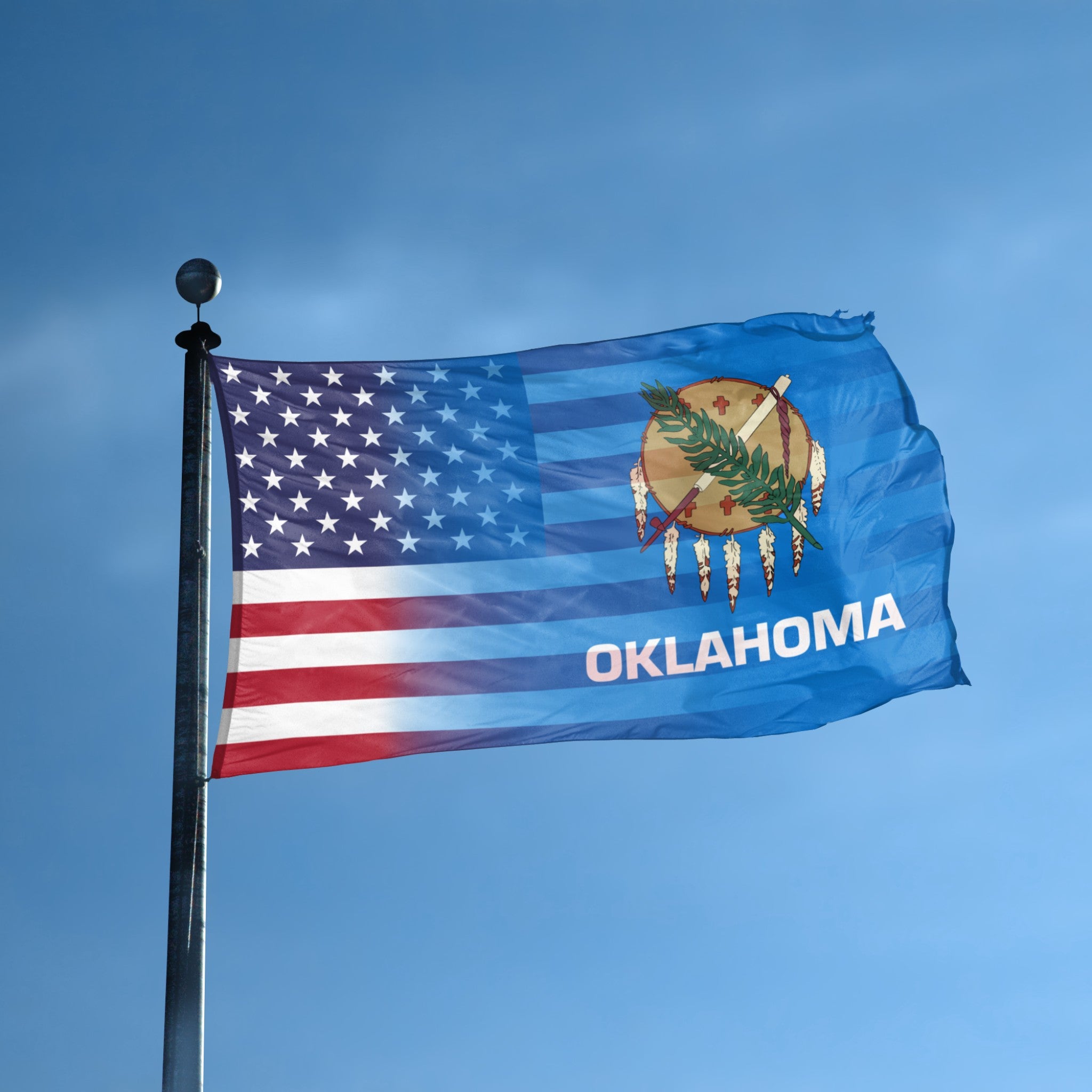 Flag of Oklahoma with American flag design against a clear blue sky