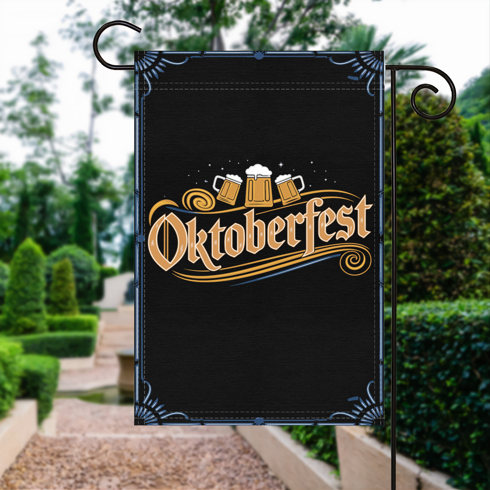 Oktoberfest garden flag made of weatherproof polyester displayed in a garden | Bannerfi