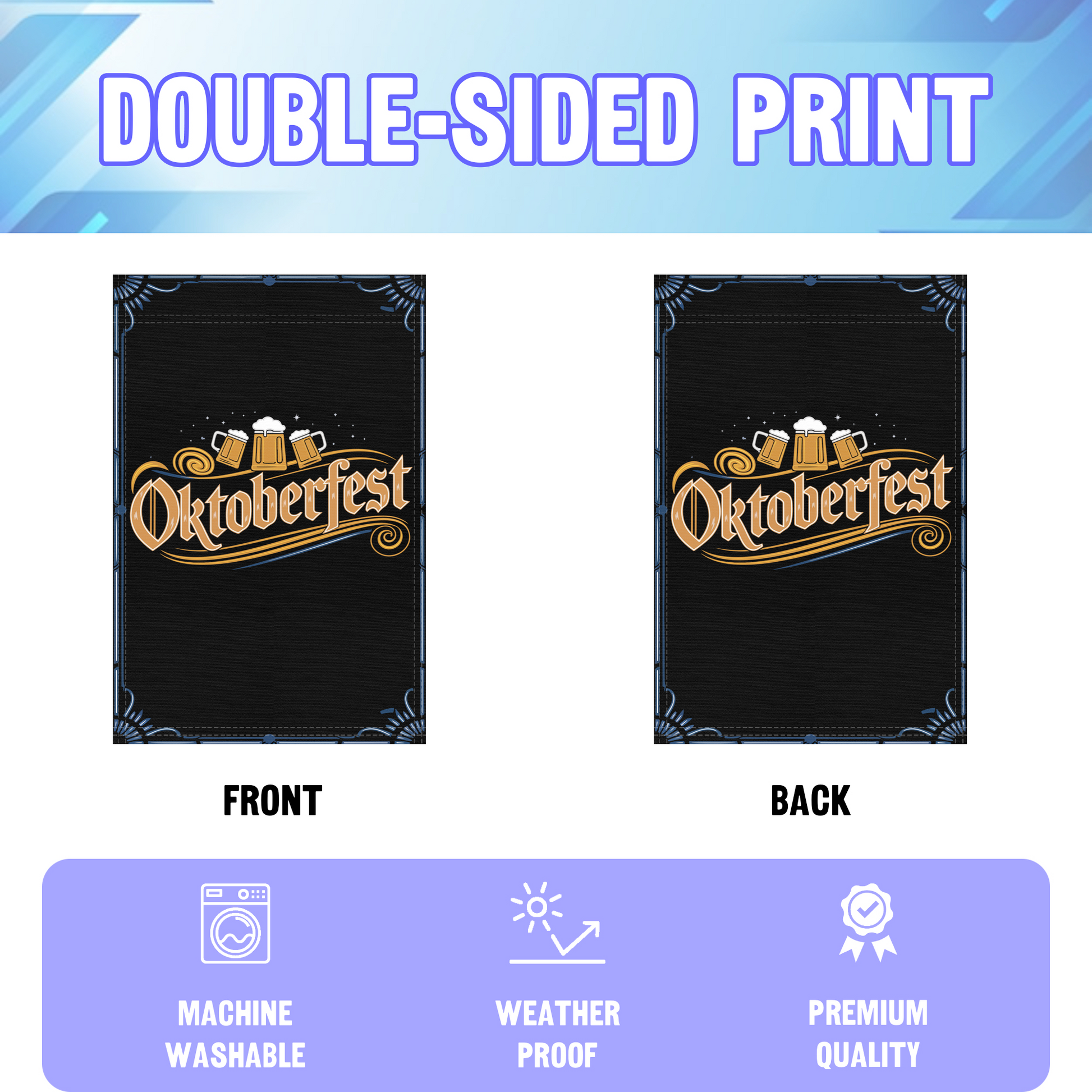 Oktoberfest garden flag displayed in an infographic, showing the double sided print and high quality characteristics | Bannerfi
