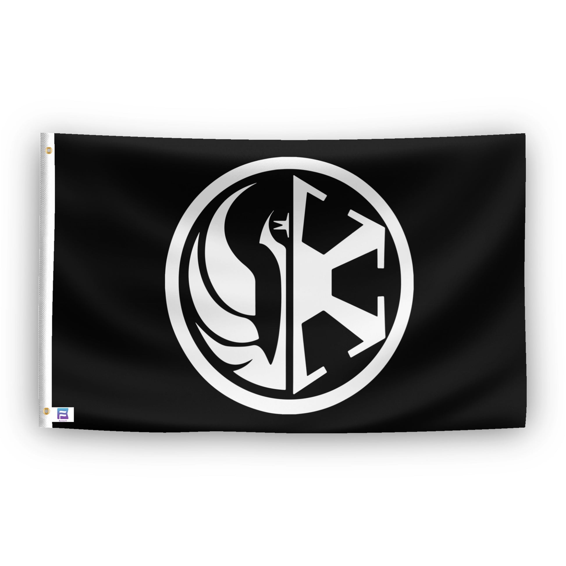 A flag with the theme "Star Wars: The Old Republic Eternal Alliance", displayed with two brass grommets reinforced with a white canvas header.