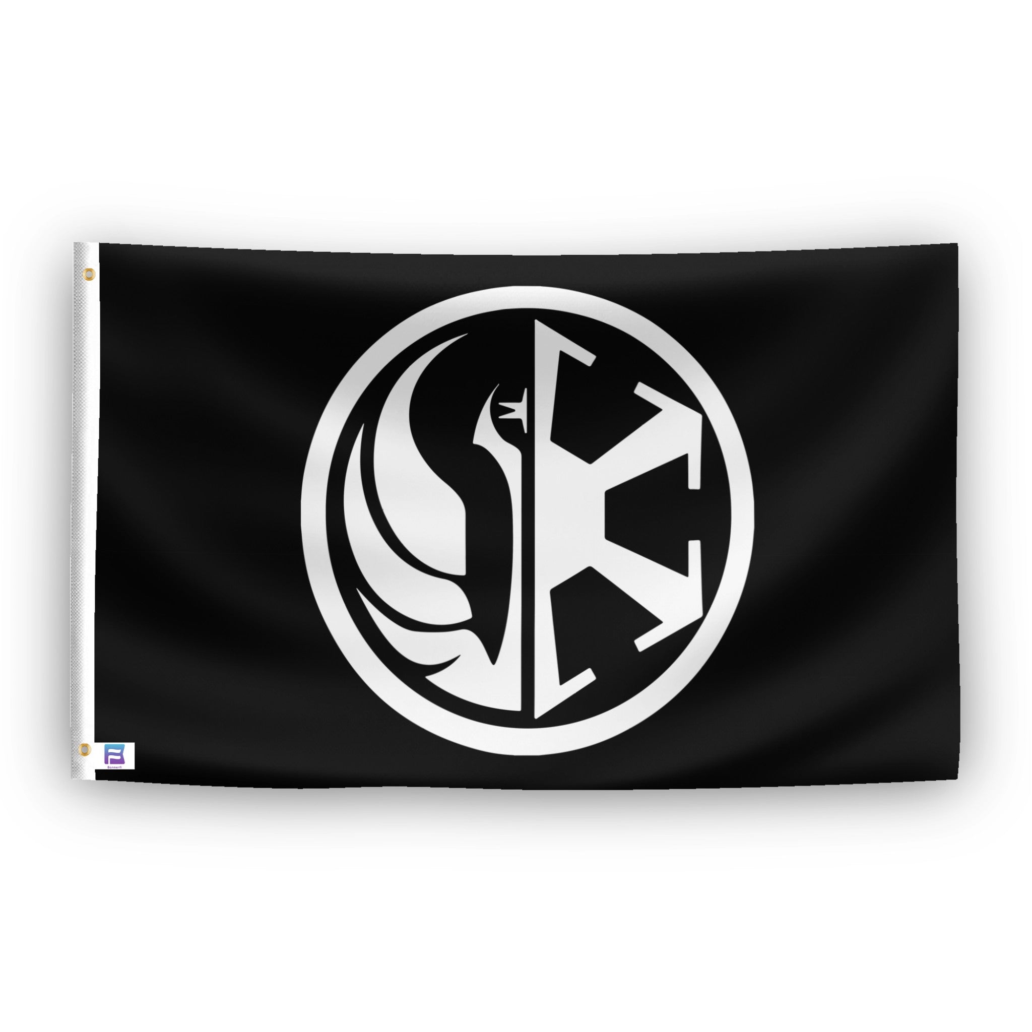 A flag with the theme "Star Wars: The Old Republic Eternal Alliance", displayed with two brass grommets reinforced with a white canvas header.