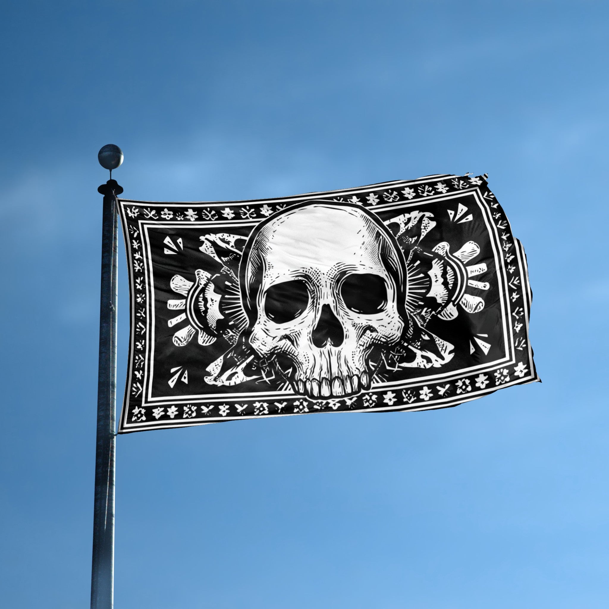 Outlaw Skull Bandana flag displayed outdoors – weatherproof house banner on pole | Bannerfi