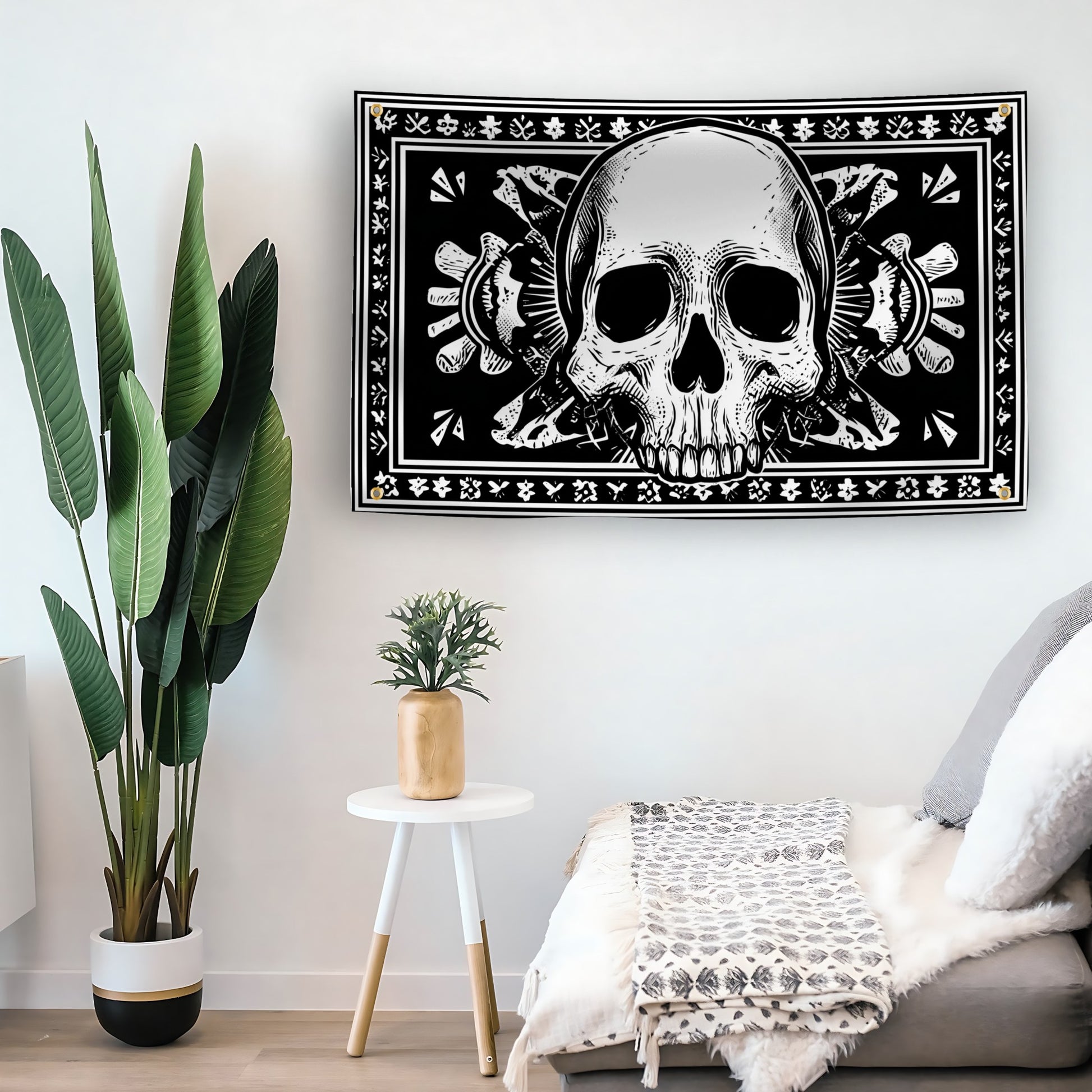 Outlaw Skull Bandana flag as indoor wall art – versatile home décor | Bannerfi