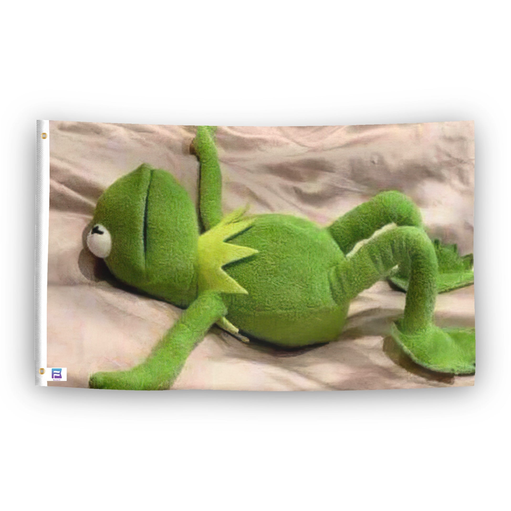 A flag with the theme "Over It Frog Mood Meme", displayed with two brass grommets reinforced with a white canvas header.