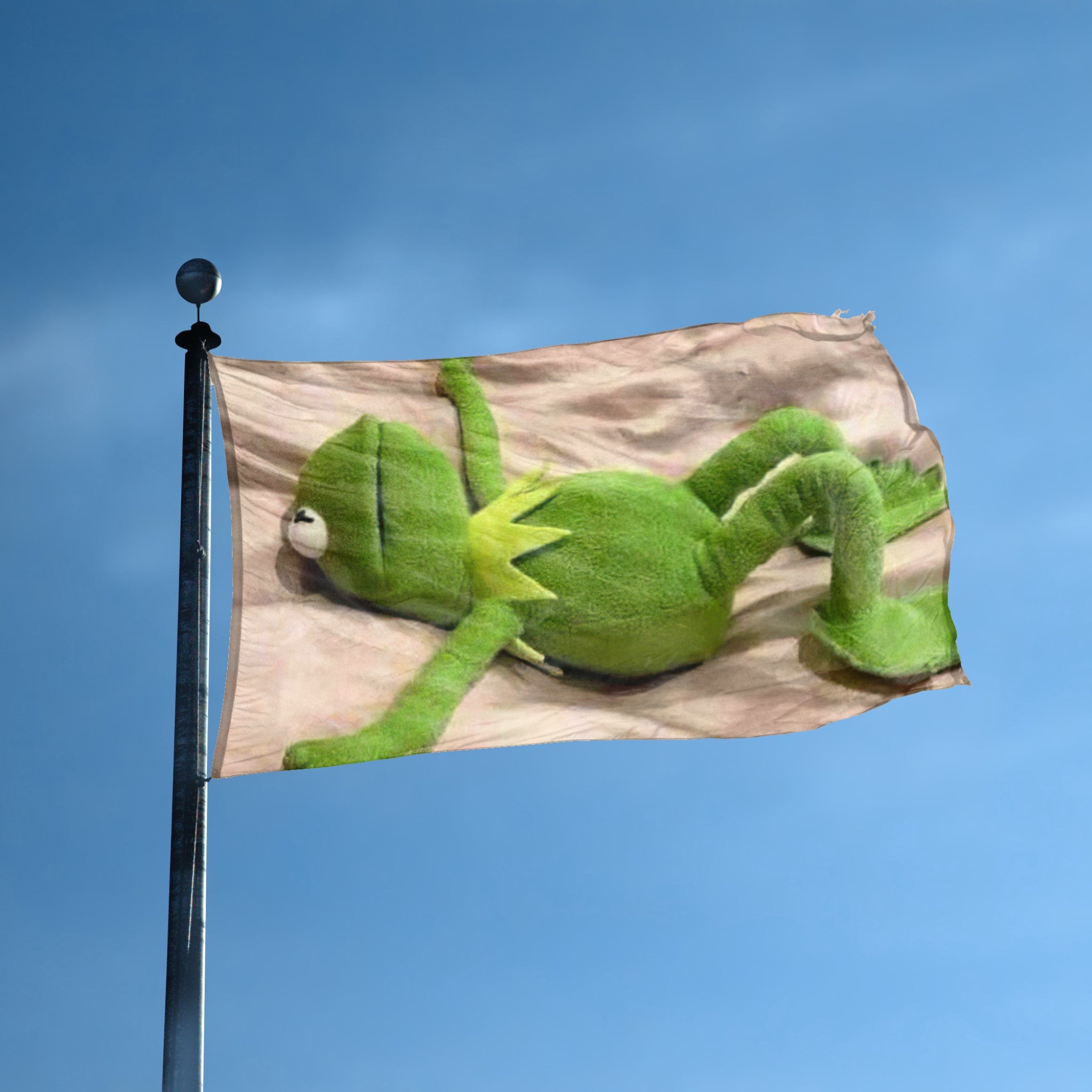A flag with the theme "Over It Frog Mood Meme" displayed on a tall flag pole and blue skies.