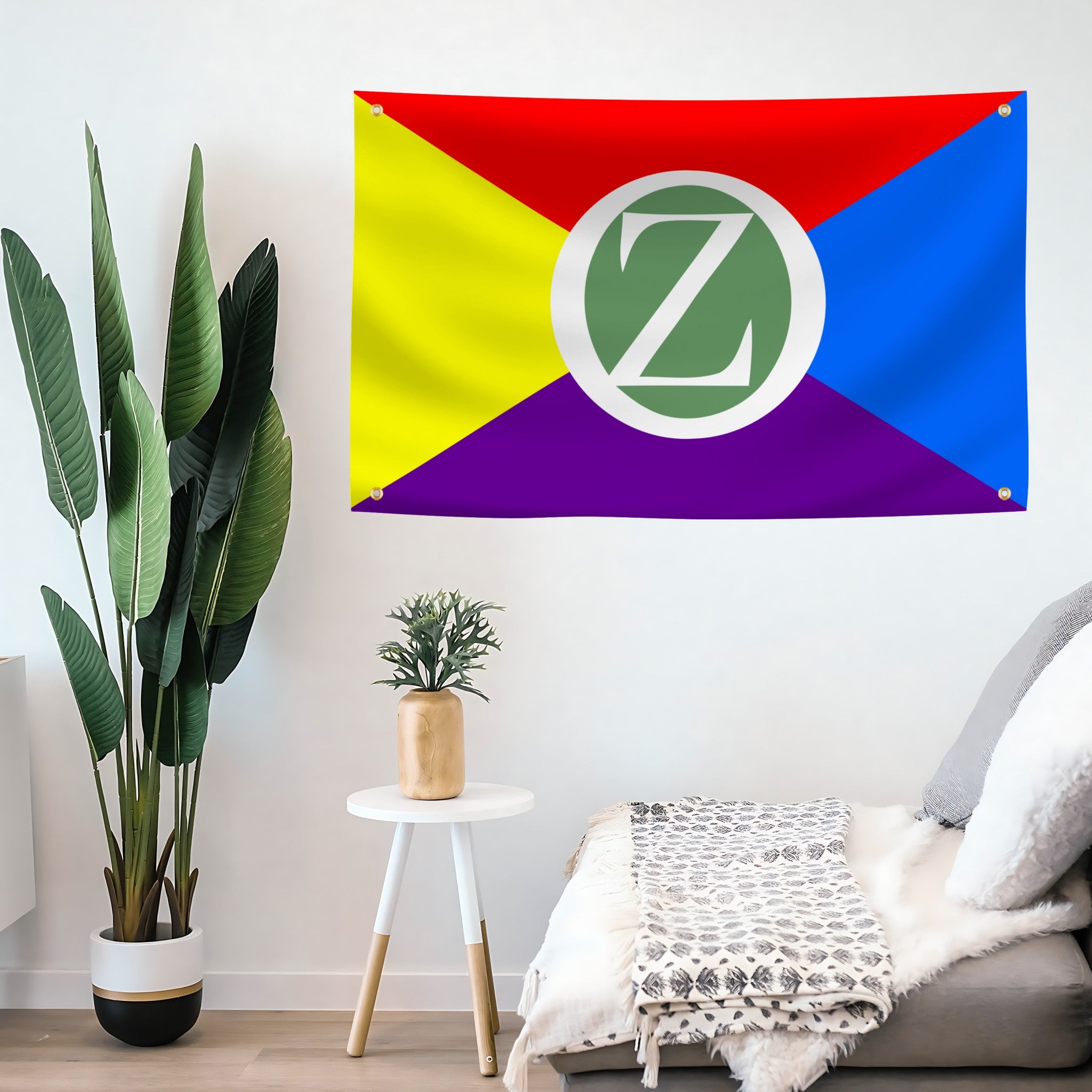 Colorful land of oz flag with a logo on a wall above a sofa in a living room.