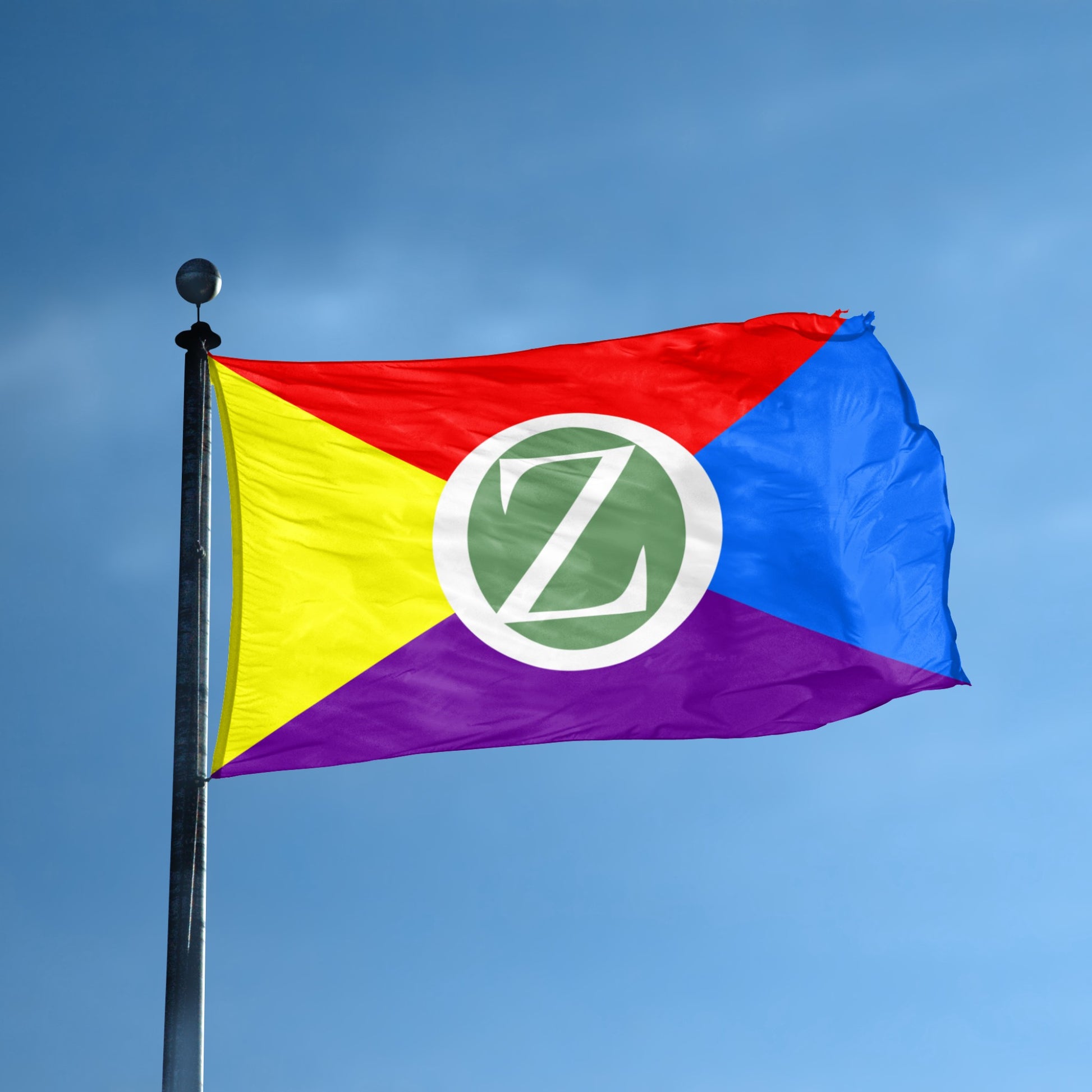 land of oz Flag with a logo featuring the letter 'Z' against a blue sky