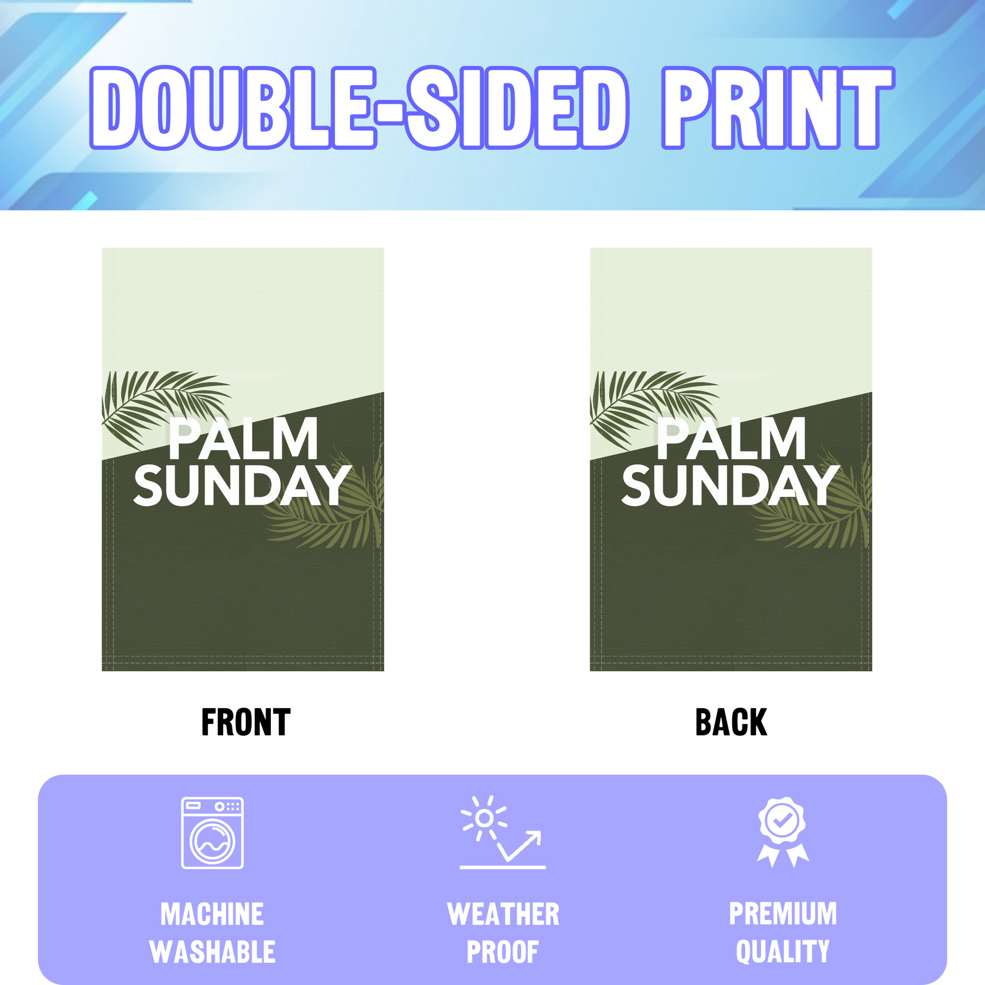 Palm Sunday garden flag displayed in an infographic, showing the double sided print and high quality characteristics | Bannerfi
