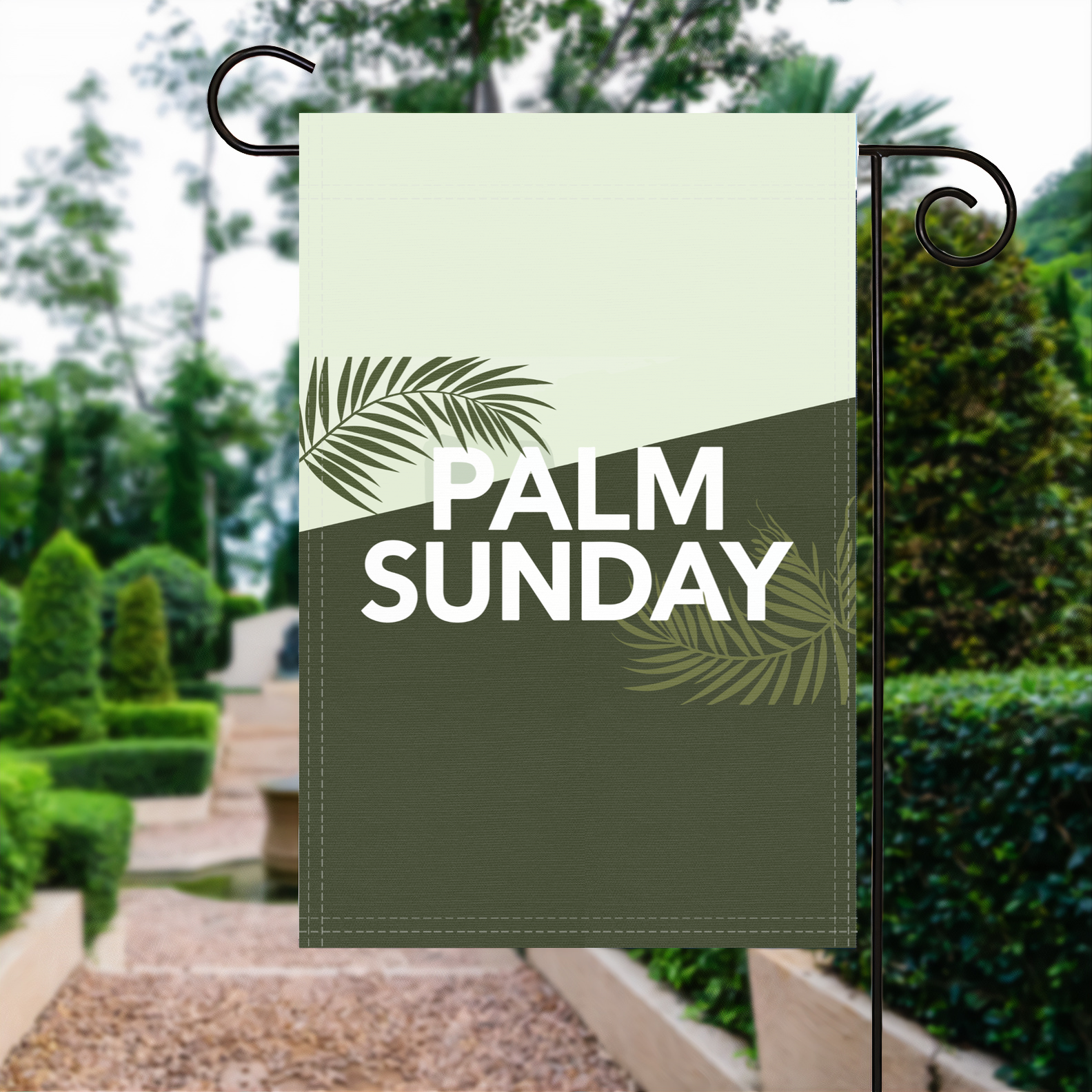 Palm Sunday garden flag made of weatherproof polyester displayed in a garden | Bannerfi