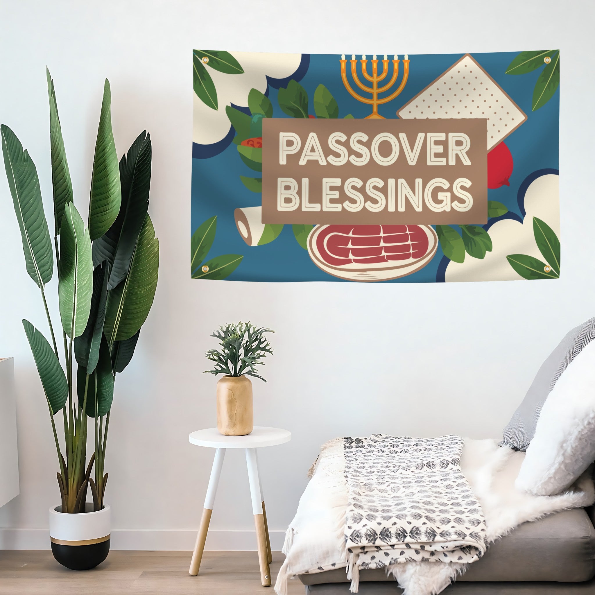 Decorative flag banner with 'Passover Blessings' text in a room with plants and furniture.