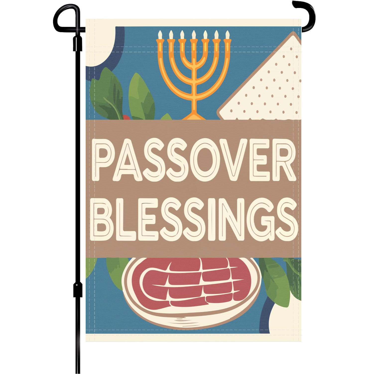 Passover Blessings garden flag made of weatherproof polyester mounted on a garden flagpole | Bannerfi
