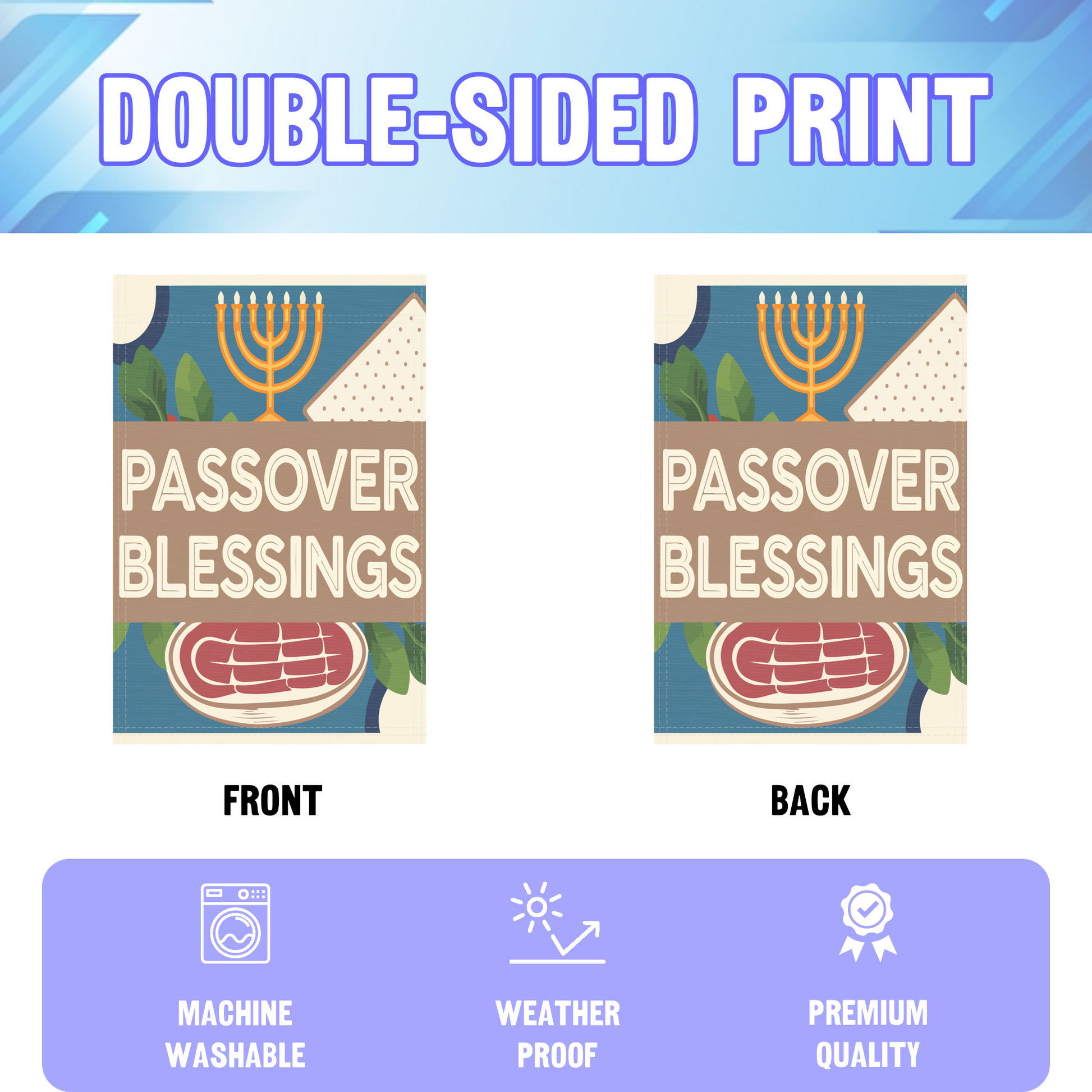 Passover Blessings garden flag displayed in an infographic, showing the double sided print and high quality characteristics | Bannerfi