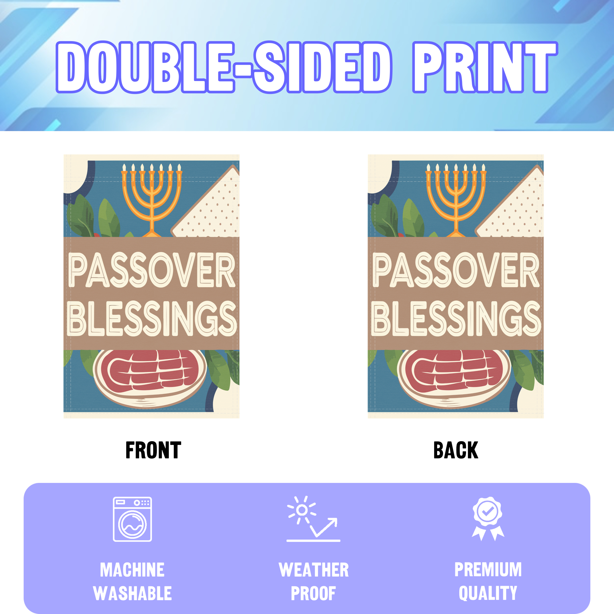 Passover Blessings garden flag displayed in an infographic, showing the double sided print and high quality characteristics | Bannerfi