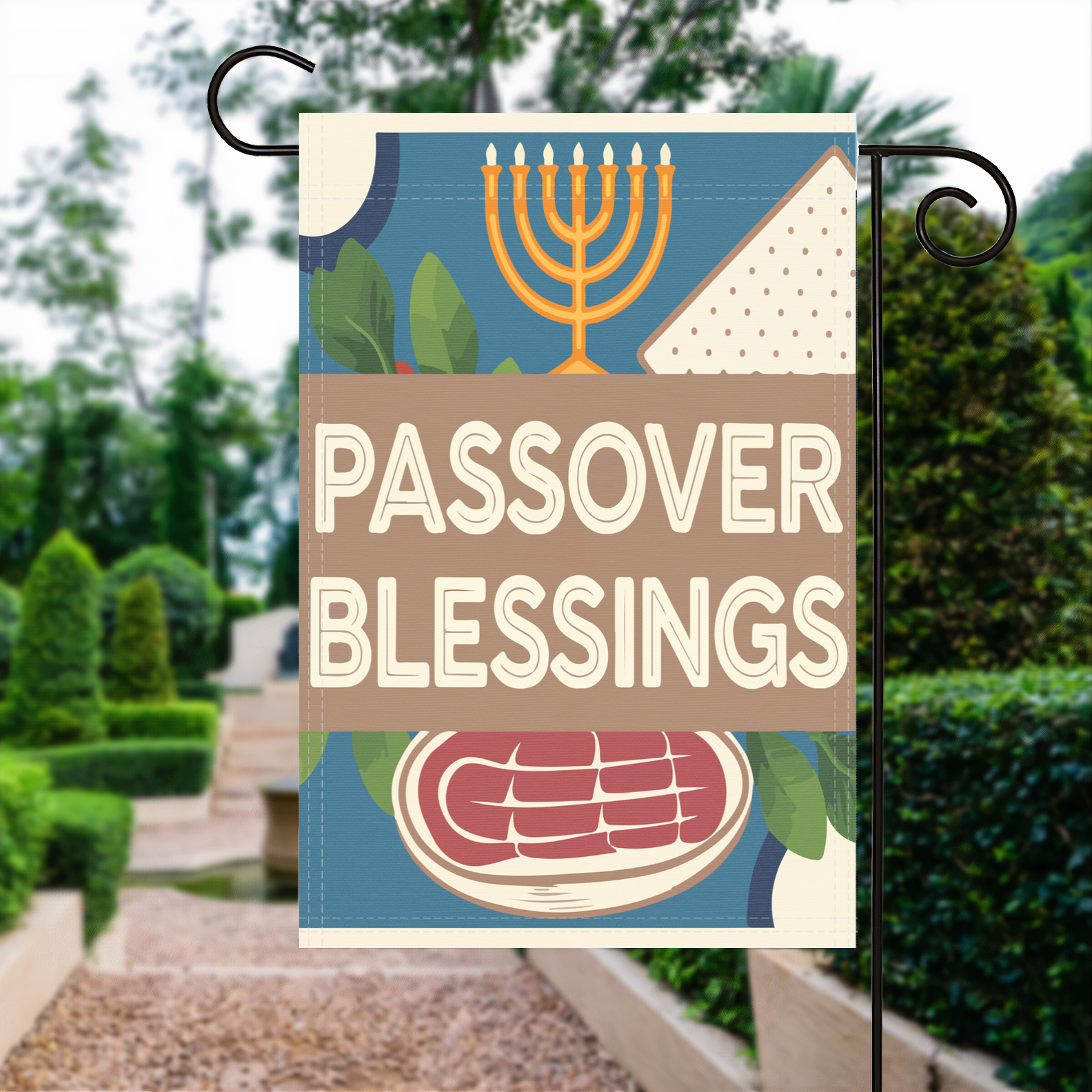 Passover Blessings garden flag made of weatherproof polyester displayed in a garden | Bannerfi