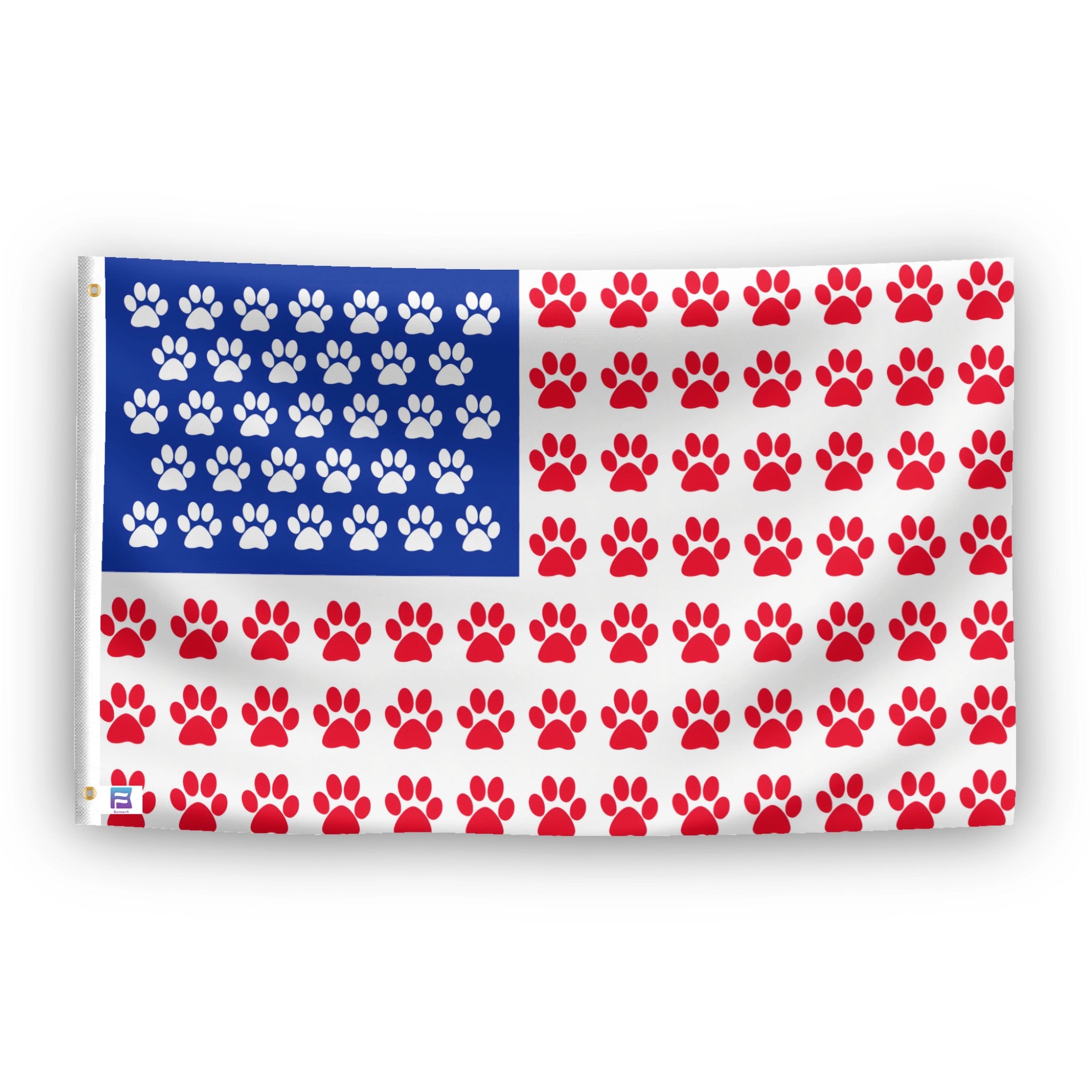 A flag with the theme "Paw Print American", displayed with two brass grommets reinforced with a white canvas header.