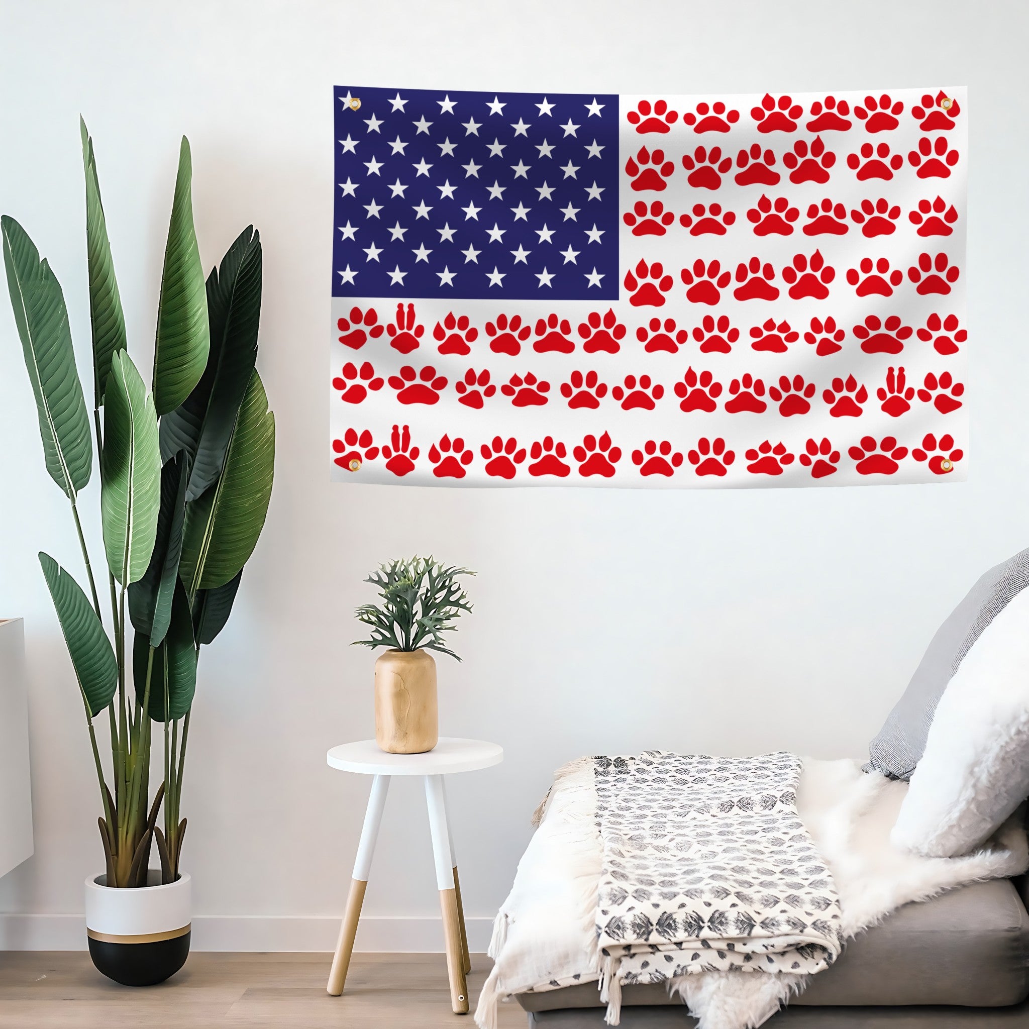 American flag banner with red paw prints on a wall in a living room setting.