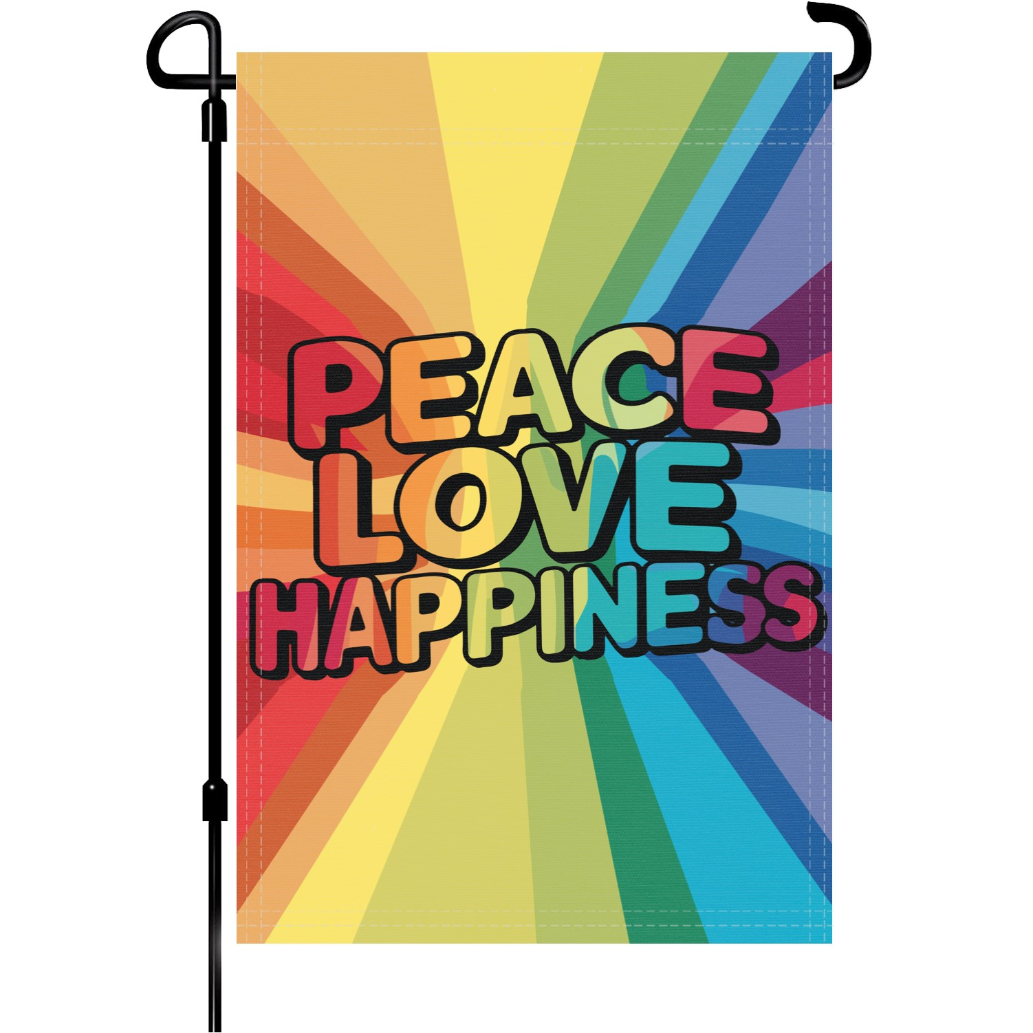 Peace Love Happiness garden flag made of weatherproof polyester mounted on a garden flagpole | Bannerfi