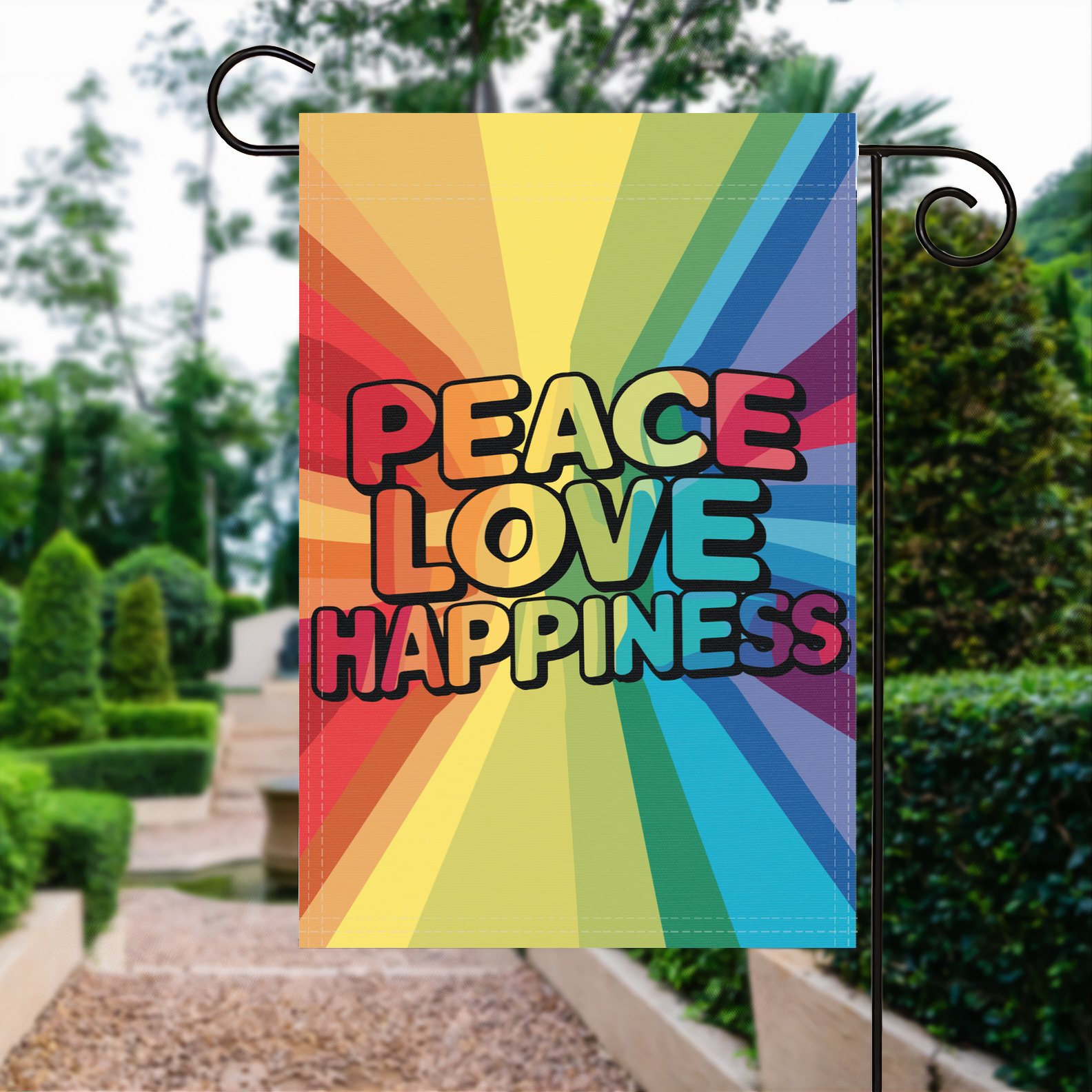 Peace Love Happiness garden flag made of weatherproof polyester displayed in a garden | Bannerfi