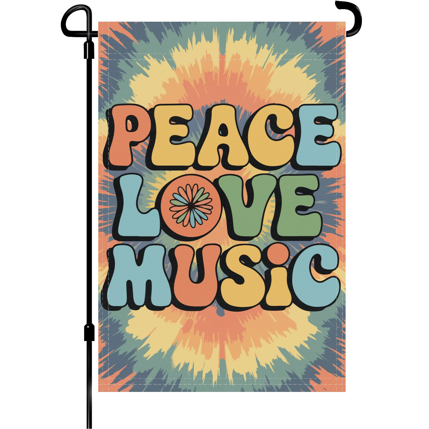 Peace Love Music garden flag made of weatherproof polyester mounted on a garden flagpole | Bannerfi