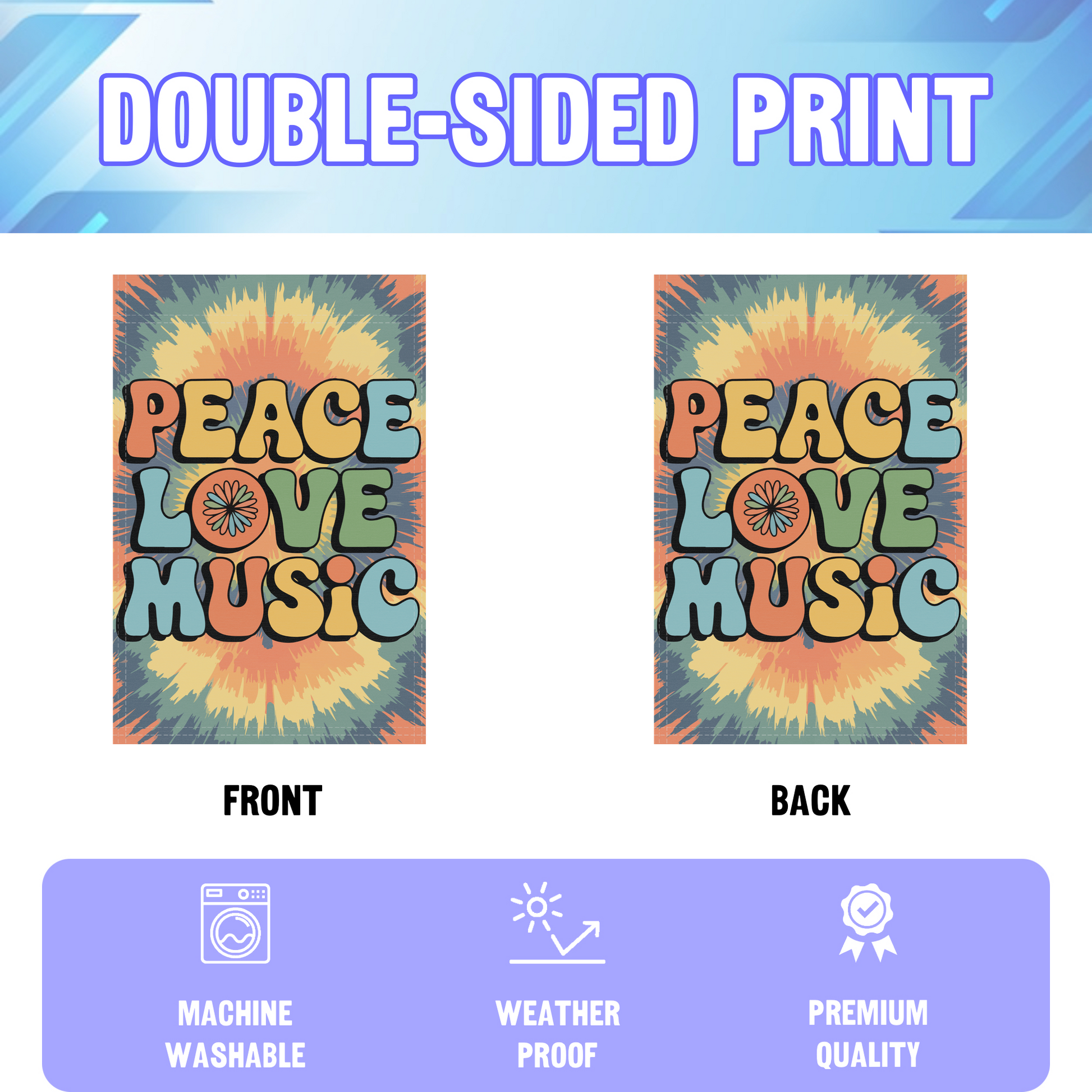 Peace Love Music garden flag displayed in an infographic, showing the double sided print and high quality characteristics | Bannerfi