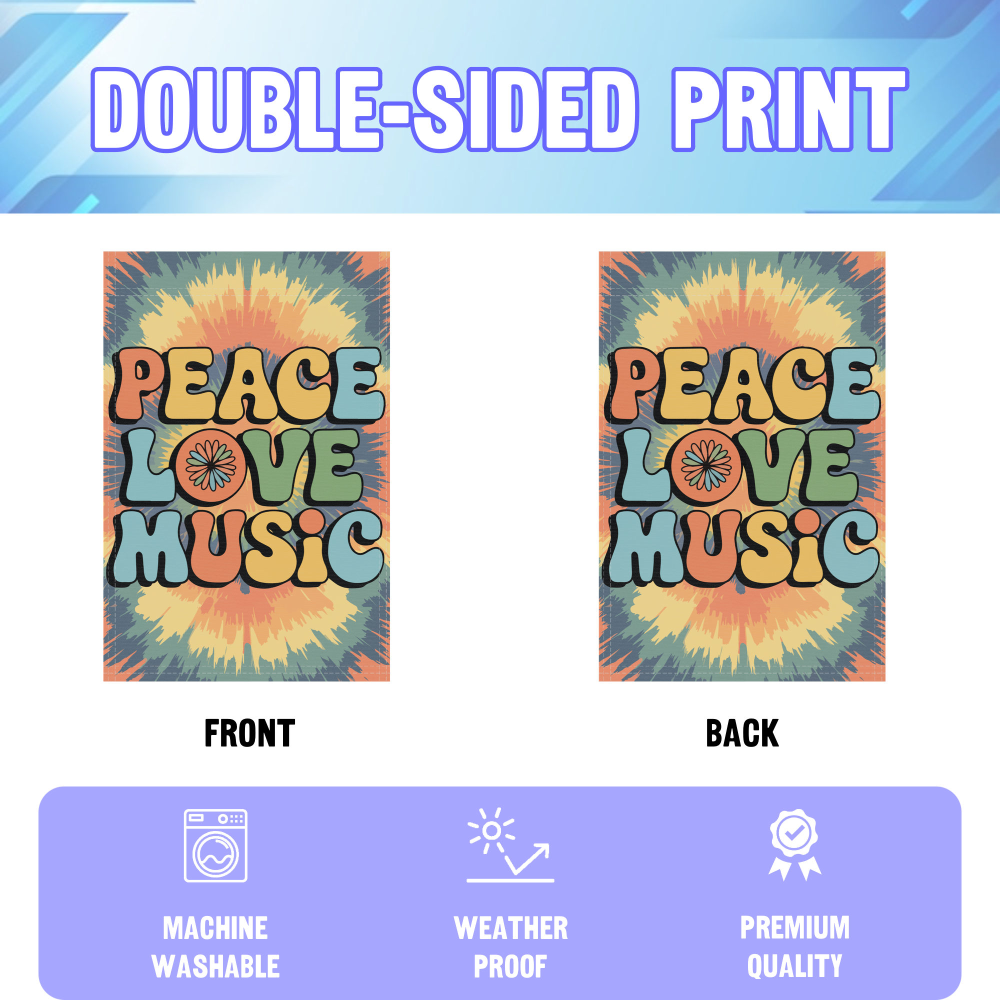 Peace Love Music garden flag displayed in an infographic, showing the double sided print and high quality characteristics | Bannerfi