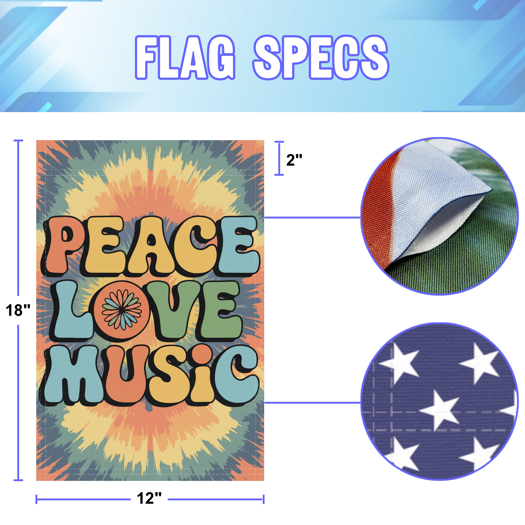 Peace Love Music garden flag size specifications, showing 12 inch width by 18 inch height and a 2 inch pole sleeve for a standard garden flagpole.